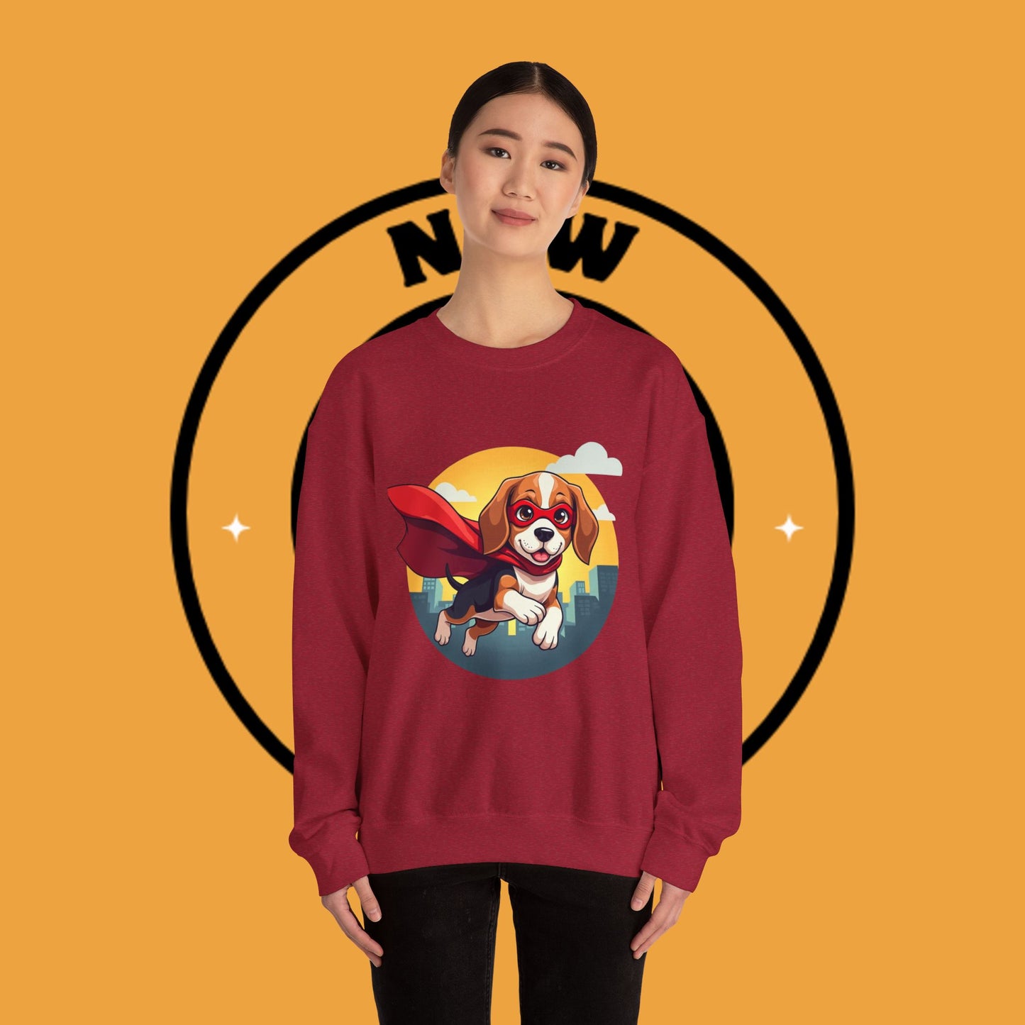 Superhero Dog Crewneck Sweatshirt - Flying Beagle Design with Red Cape and Mask