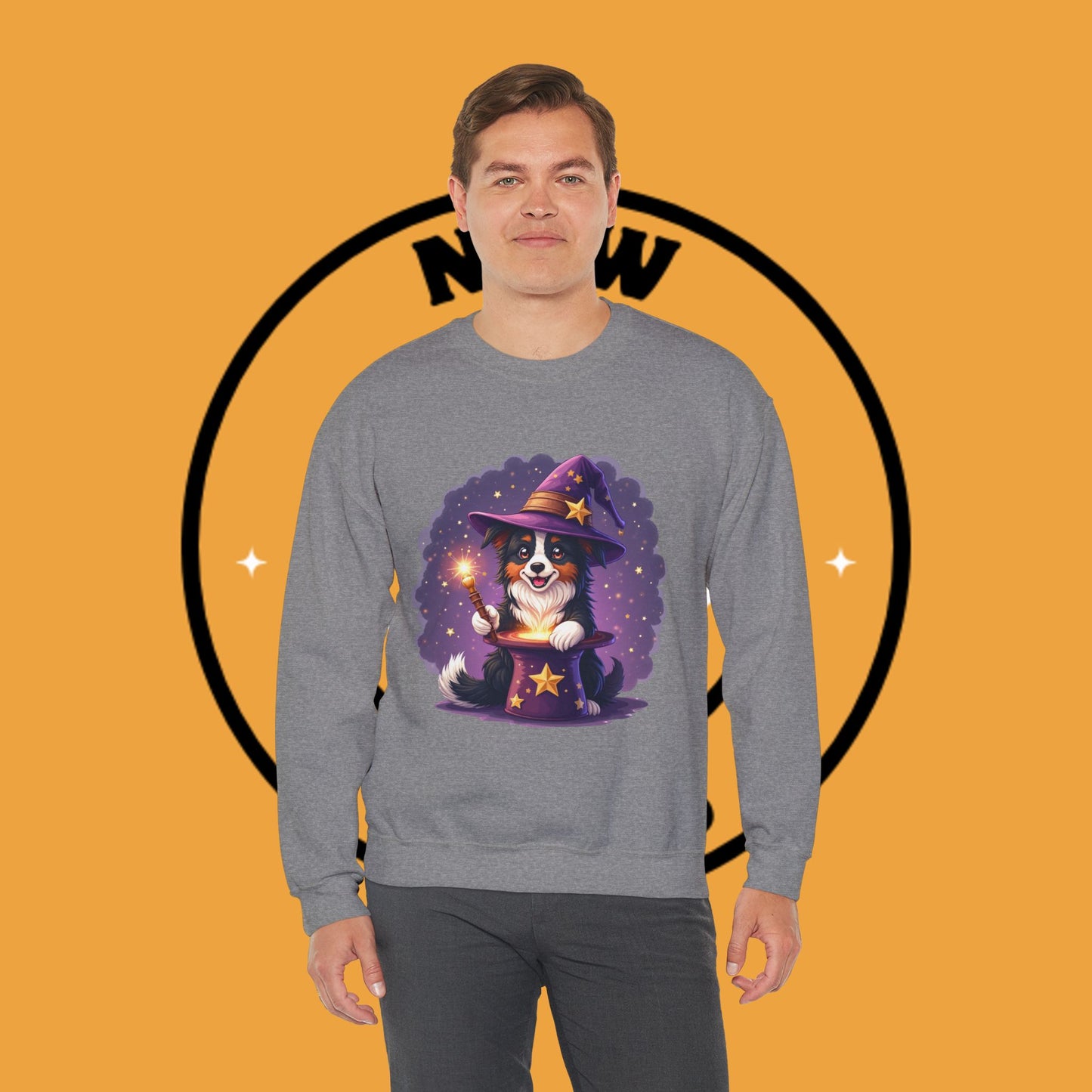 Magical Wizard Dog Crewneck Sweatshirt - Adorable Puppy Magician with Hat & Wand | Fantasy Pet Lover Gift Tee