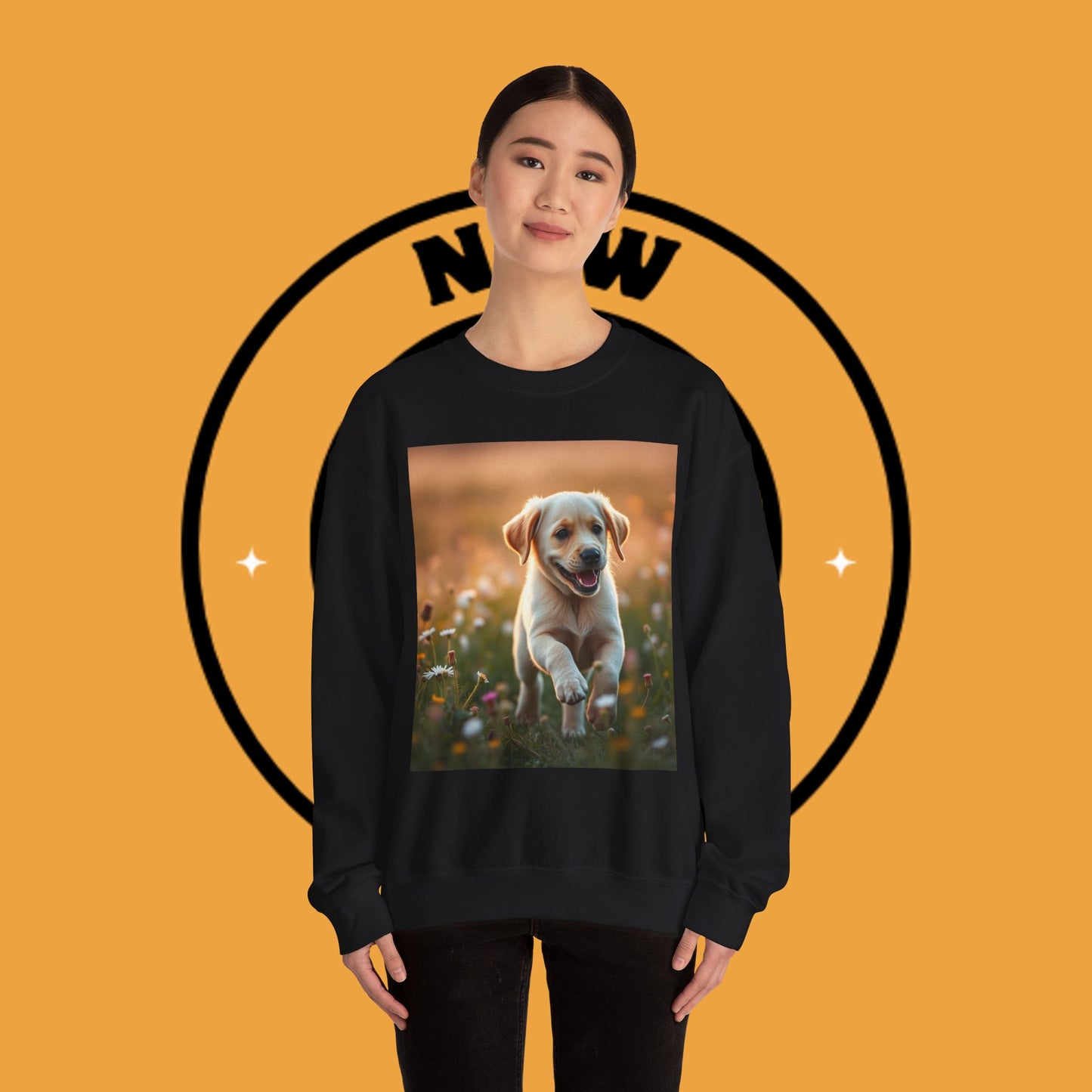 Unisex Dog Lover Crewneck Sweatshirt - Playful Labrador Puppy Running Through Wildflower Meadow