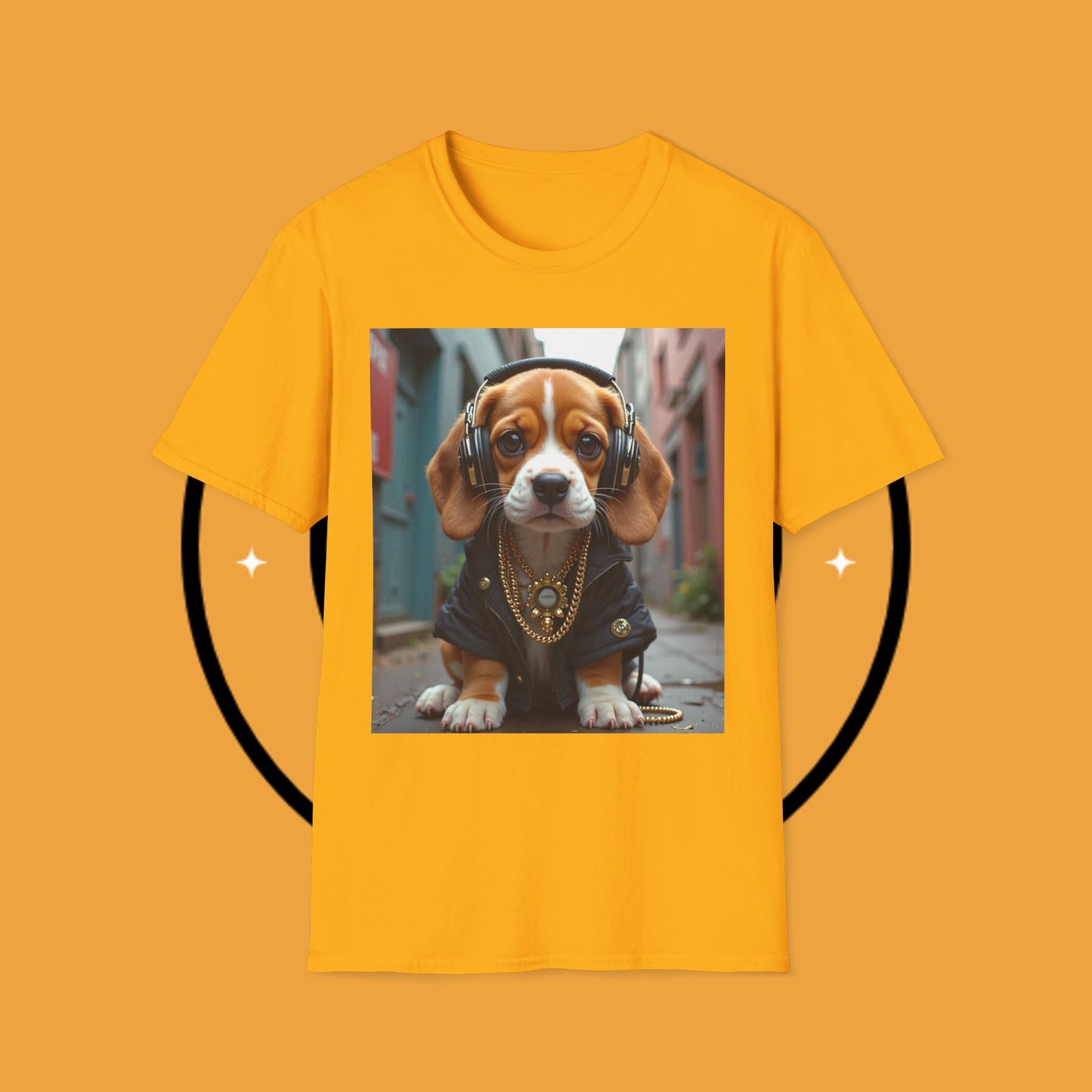 Hip Hop Beagle Dog T-Shirt - Cool Puppy with Headphones & Gold Chains Graphic Tee