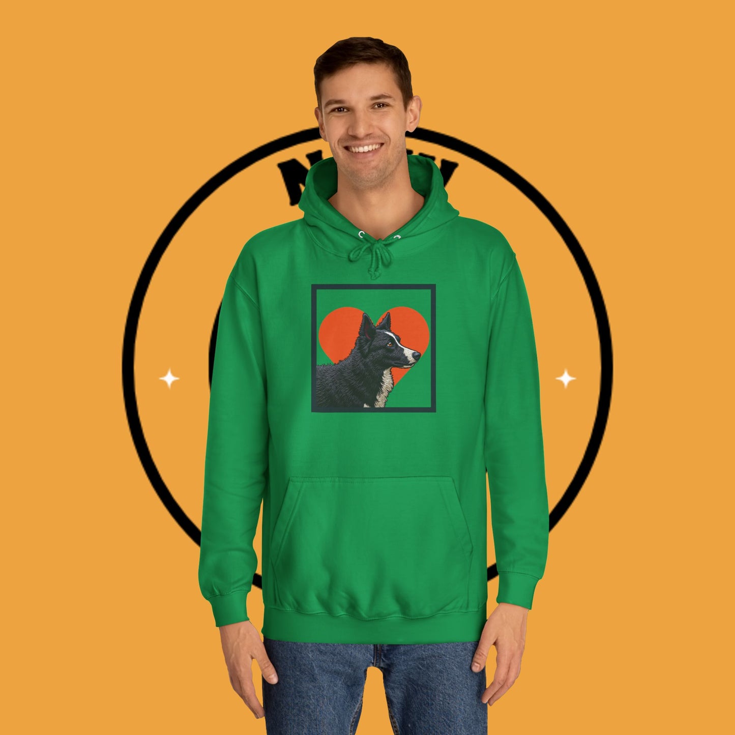 "Black & White Border Collie Portrait Hoodie - Bold Red Heart Background Dog Lover Sweatshirt | Premium Art Design"