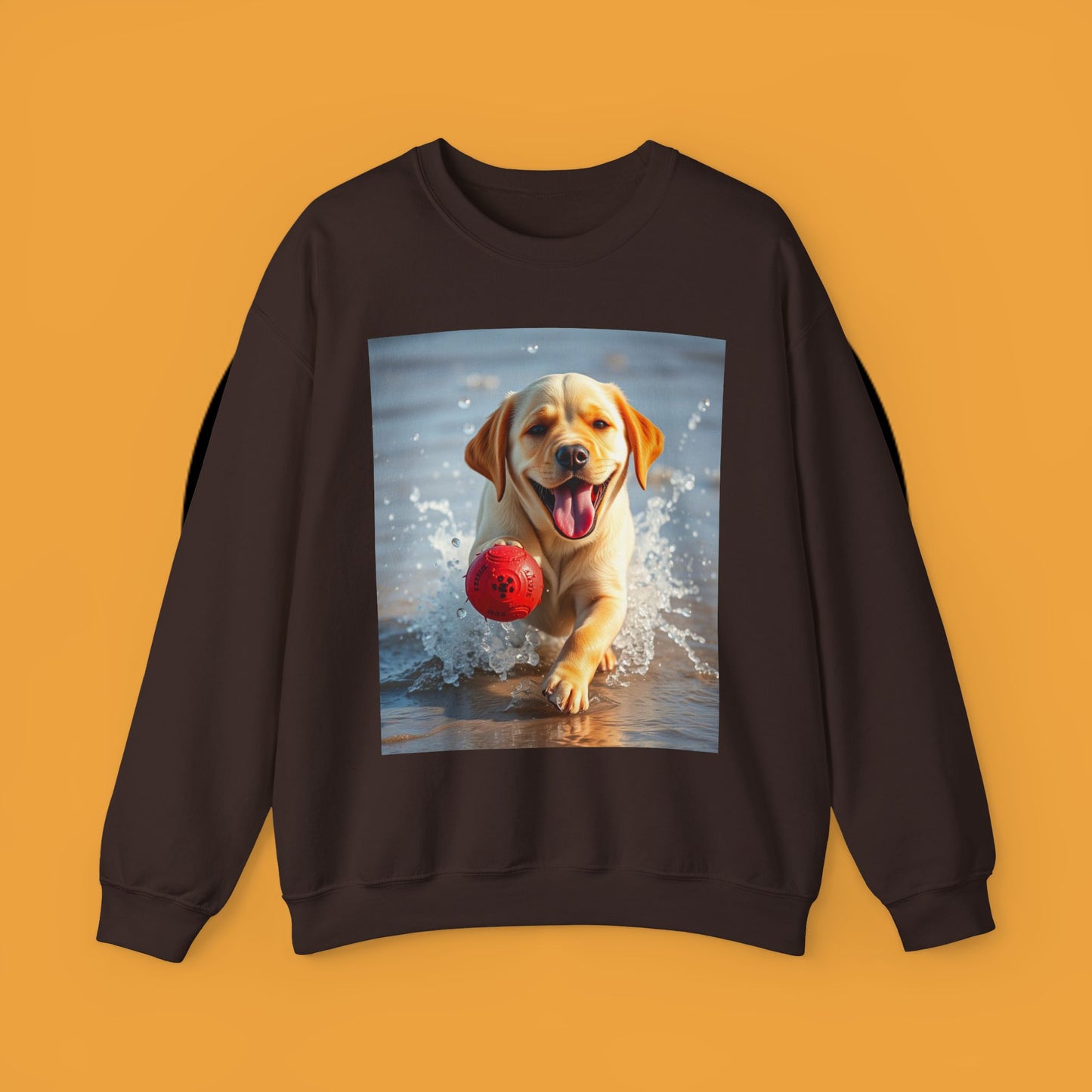 Unisex Dog Lover Crewneck Sweatshirt Labrador Puppy Playing with a Ball on the Beach - Photo of a Happy Dog Running in the Water