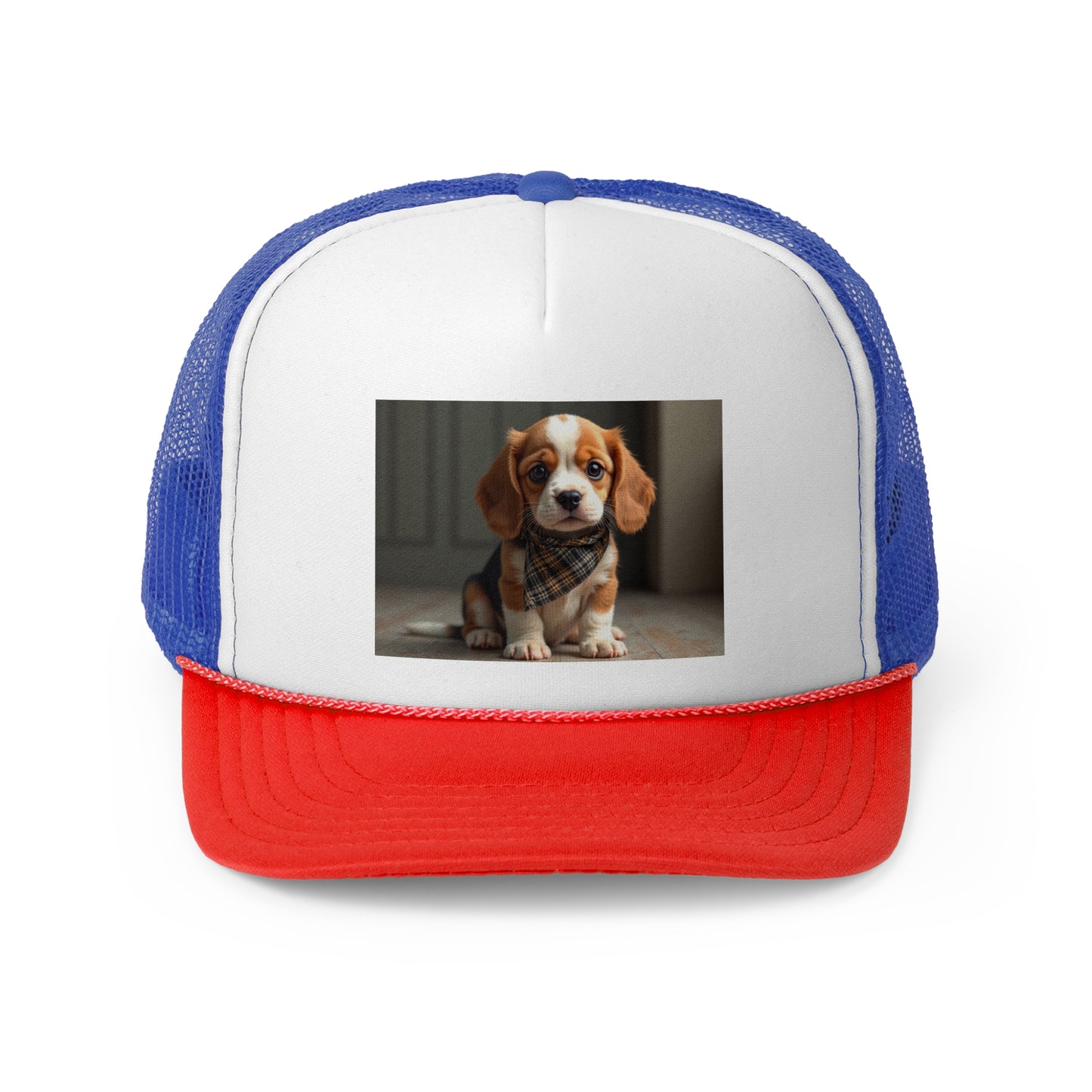 Stylish Beagle Puppy with Plaid Bandana Trucker Hat - Premium Dog Lover Cap - Adorable Dog Lover Unisex Cap