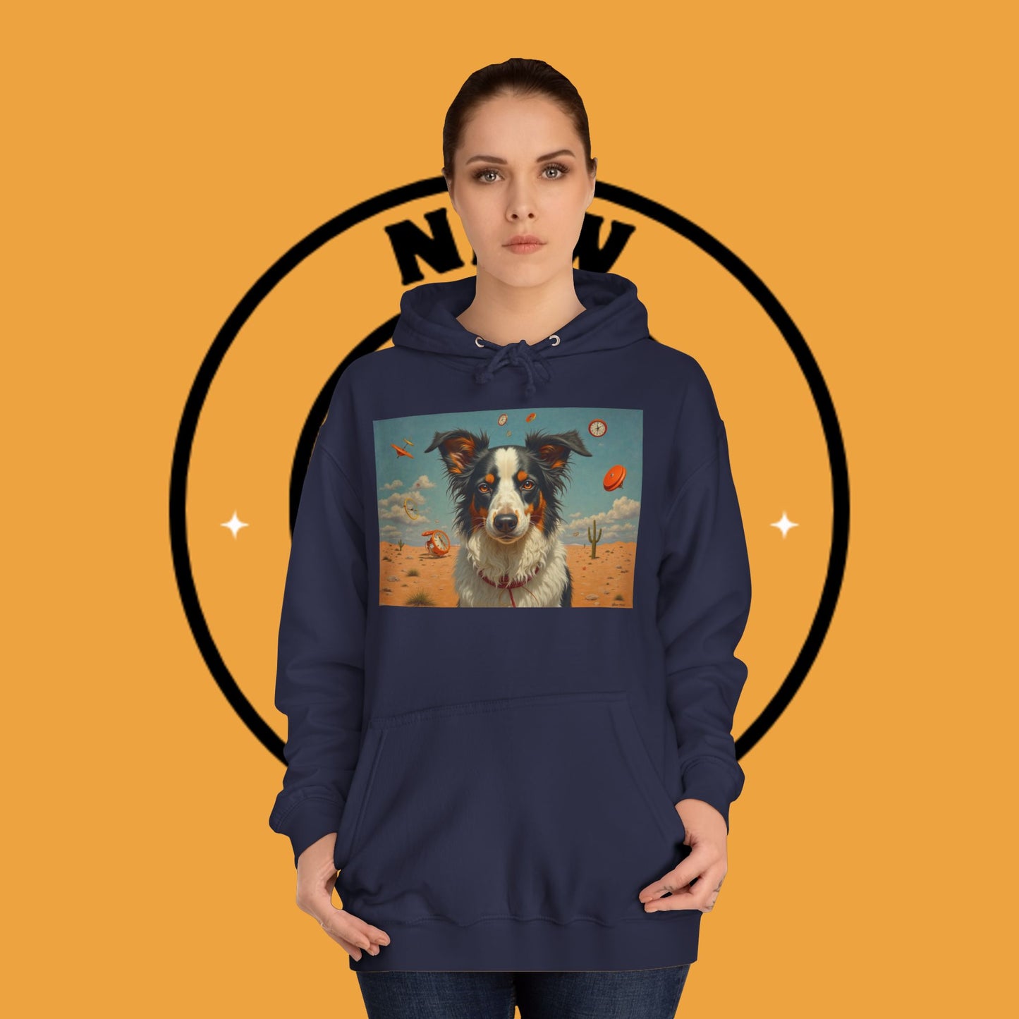 "Surreal Border Collie Time Desert Hoodie - Flying Clocks Artistic Dog Sweatshirt | Dreamlike Fantasy Design"