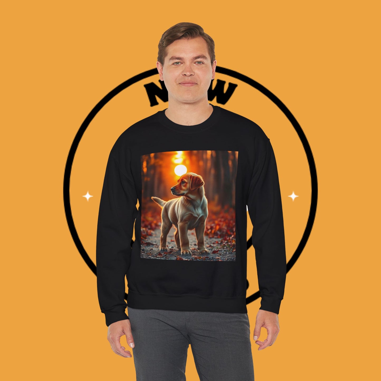 Crewneck Sweatshirt - Labrador Puppy in Autumn Forest with Golden Sunset Light Design