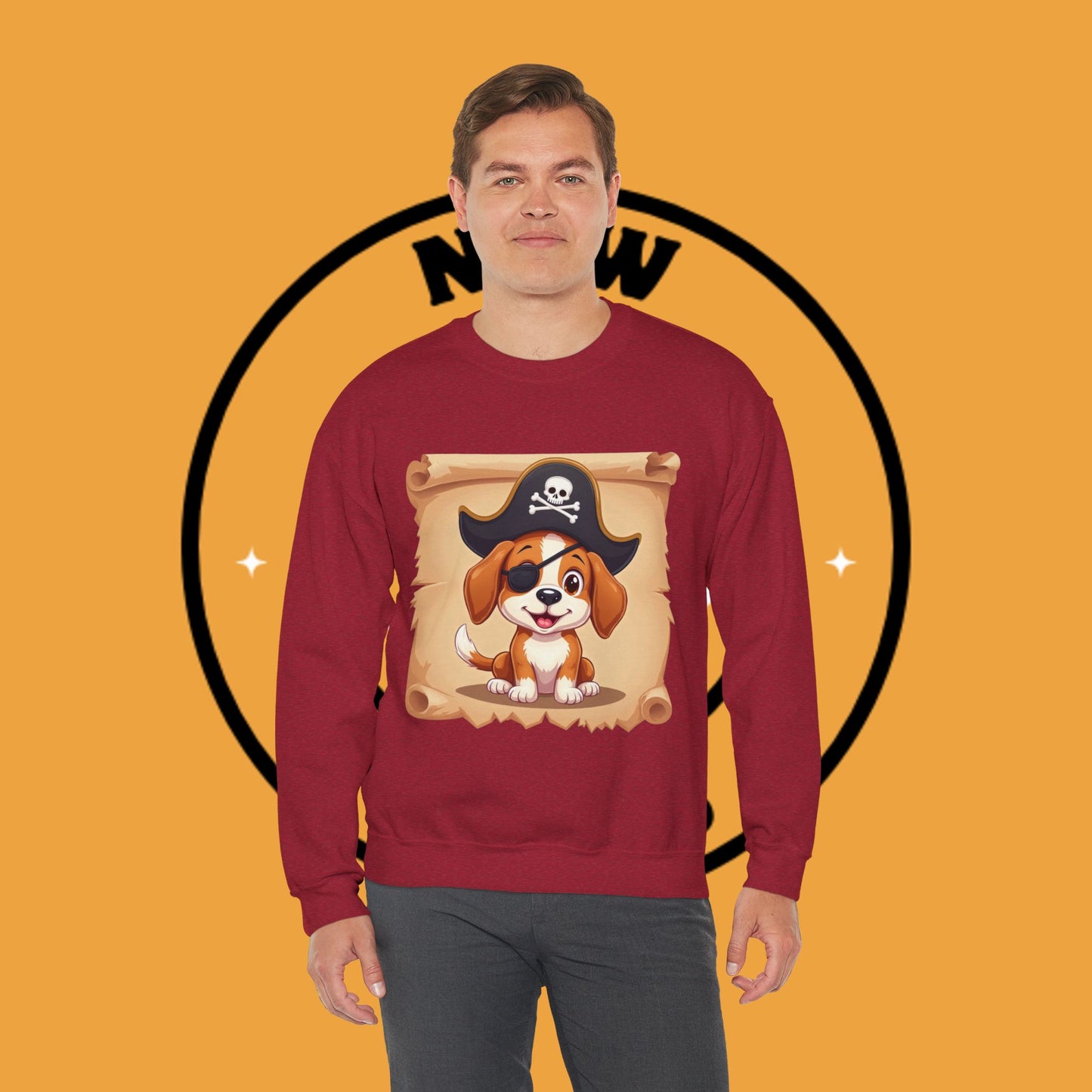 Pirate Dog Crewneck Sweatshirt - Buccaneer Beagle Design with Patch and Hat