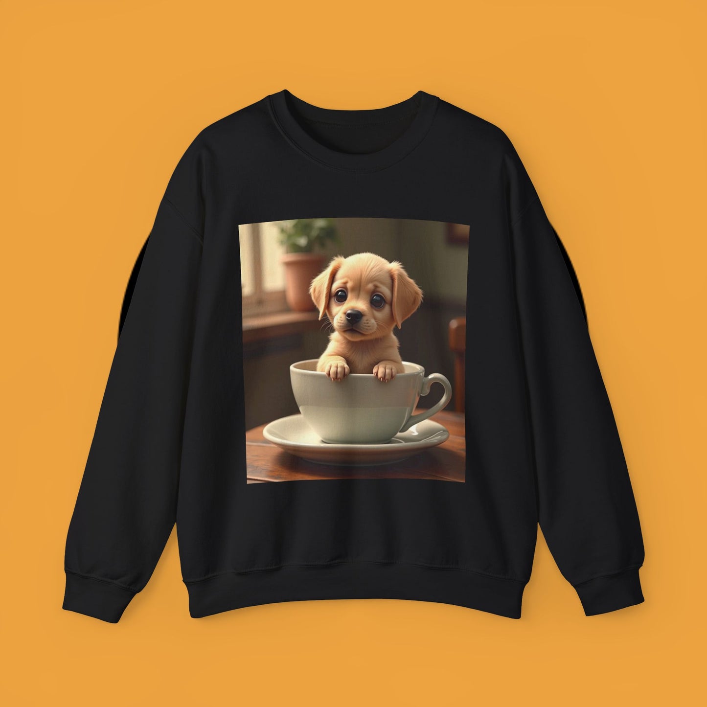 Unisex Dog Lover Crewneck Sweatshirt - Teacup Puppy: Adorable Yellow Lab in Coffee Cup