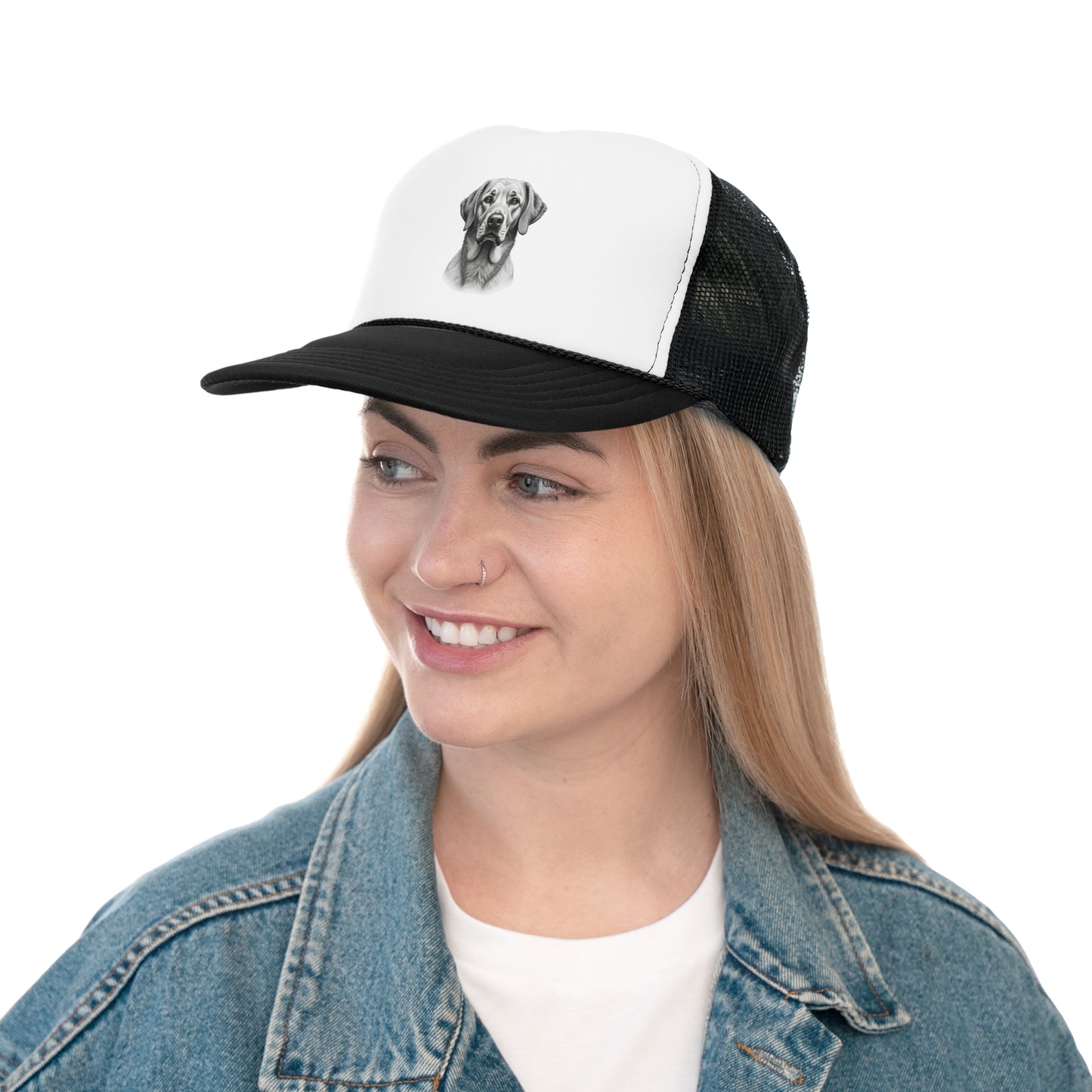 Hyperrealistic Labrador Trucker Cap - Professional Black White Portrait - Unisex Artistic Cap