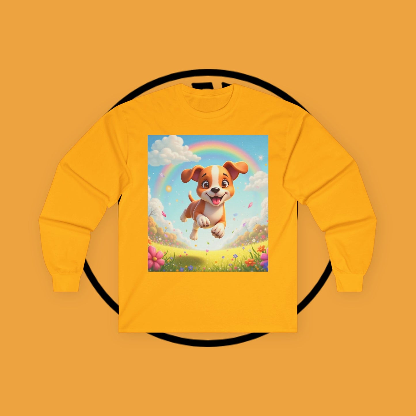 Happy Puppy Rainbow Jumping Spring Flowers Long Sleeve Shirt