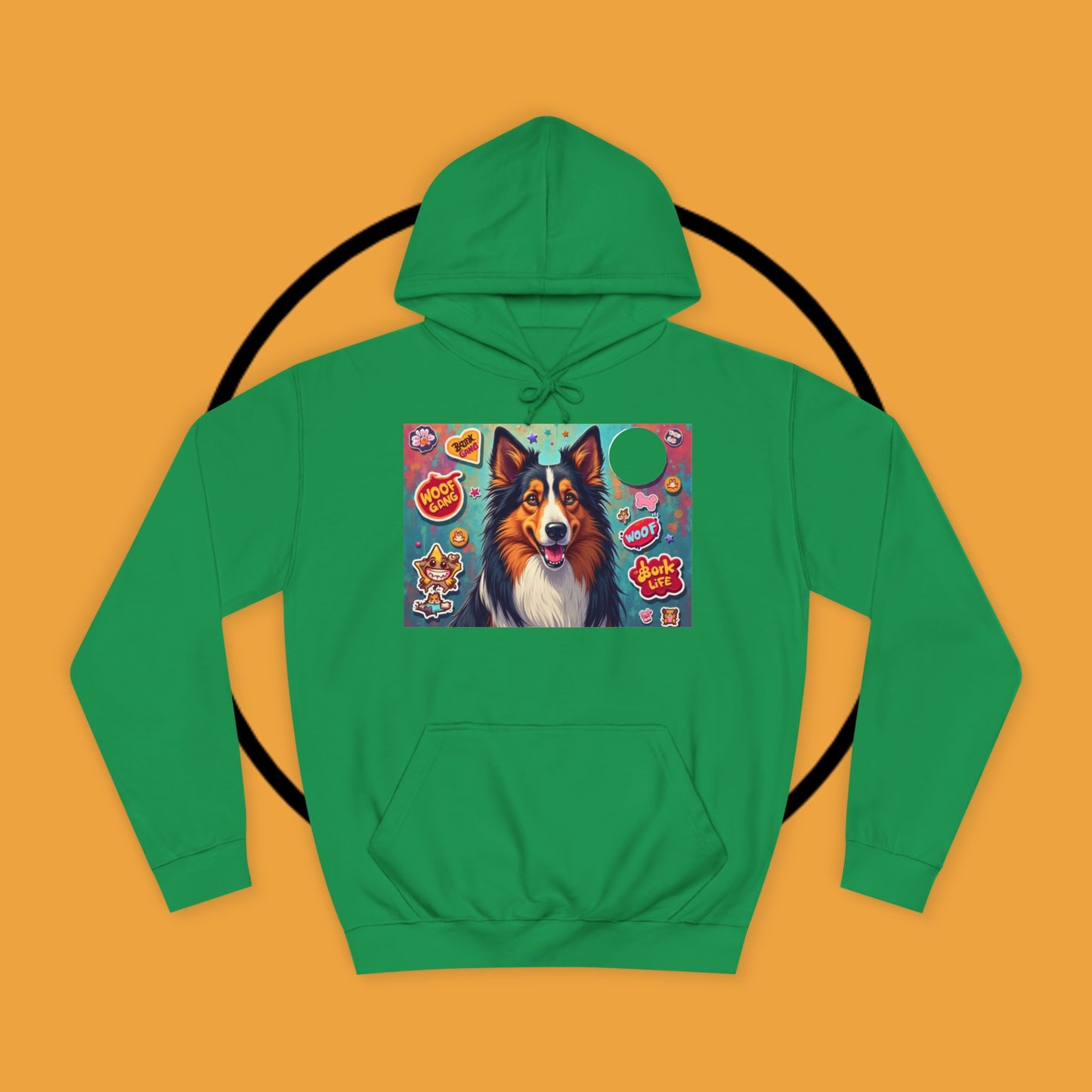 "Dog Sticker Pack Hoodie - Vibrant Collie with Fun Dog Patches Design | Millennial Pet Lover Streetwear"