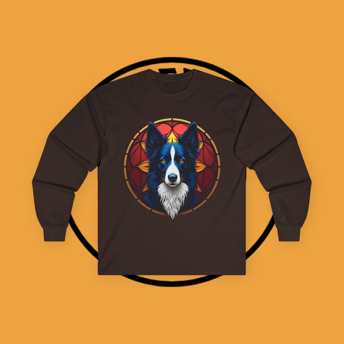 "Mystical Border Collie Stained Glass Long Sleeve Tee - Sacred Geometry Spirit Animal Shirt - Gothic Fantasy Apparel"