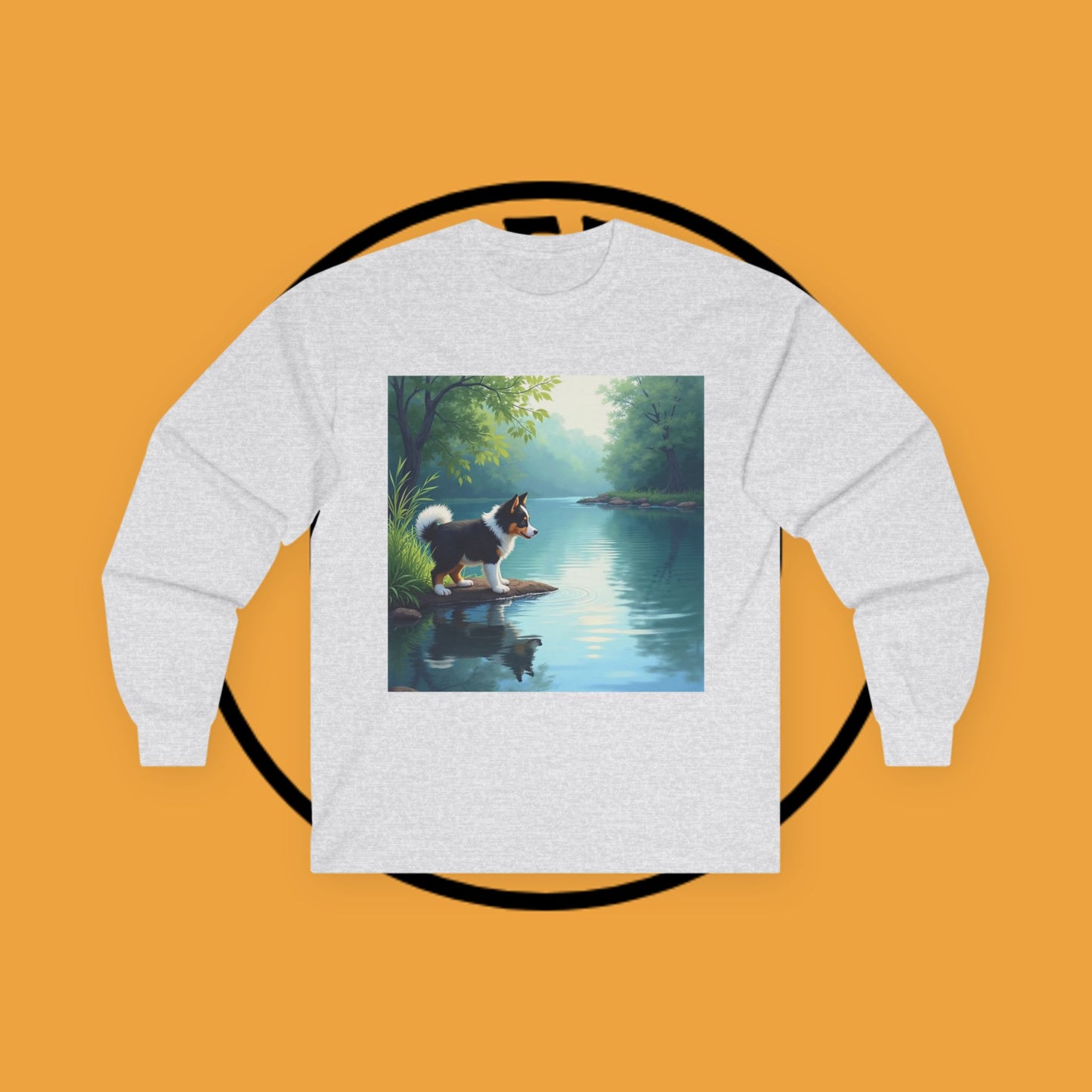 "Adorable Puppy by Tranquil Lake Long Sleeve Tee - Peaceful Nature Dog Art Shirt - Serene Landscape Apparel"