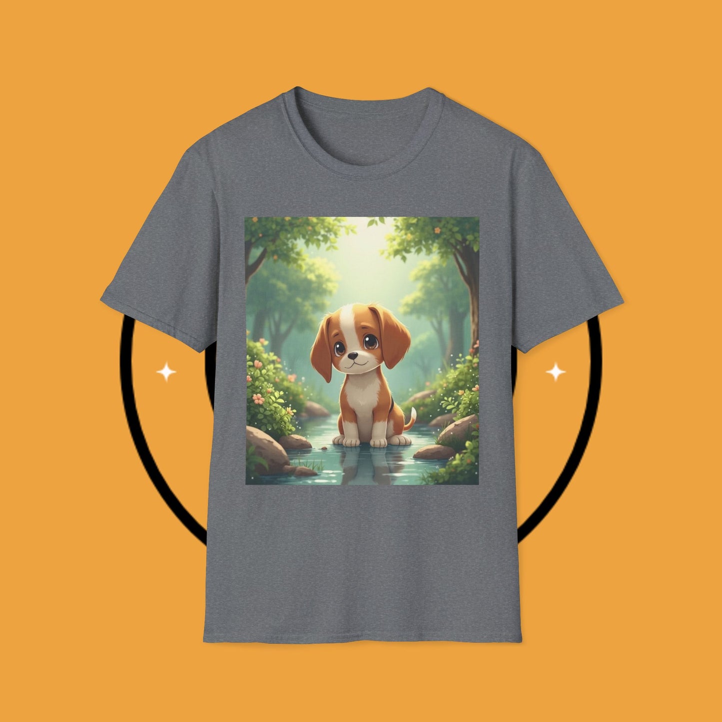 Magical Forest Beagle Puppy T-Shirt - Enchanted Nature Scene with Adorable Dog Design