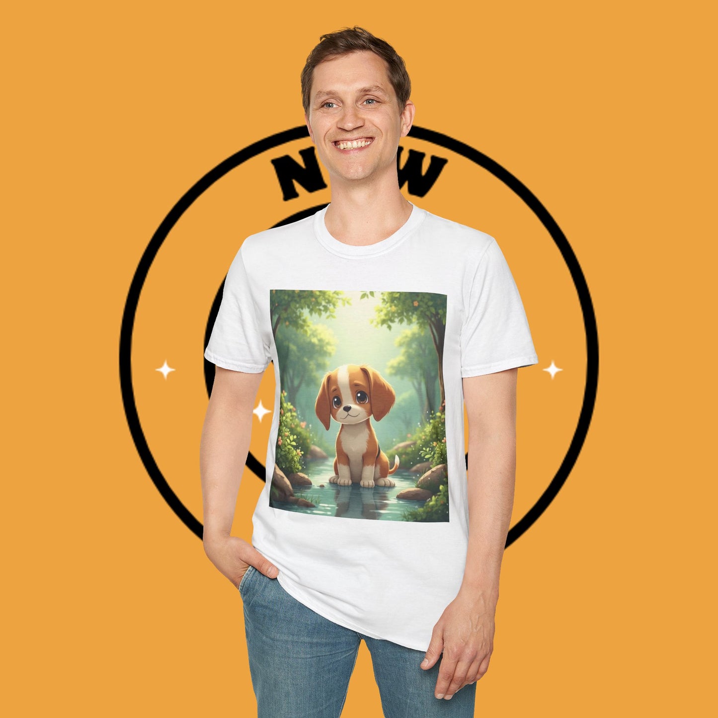Magical Forest Beagle Puppy T-Shirt - Enchanted Nature Scene with Adorable Dog Design