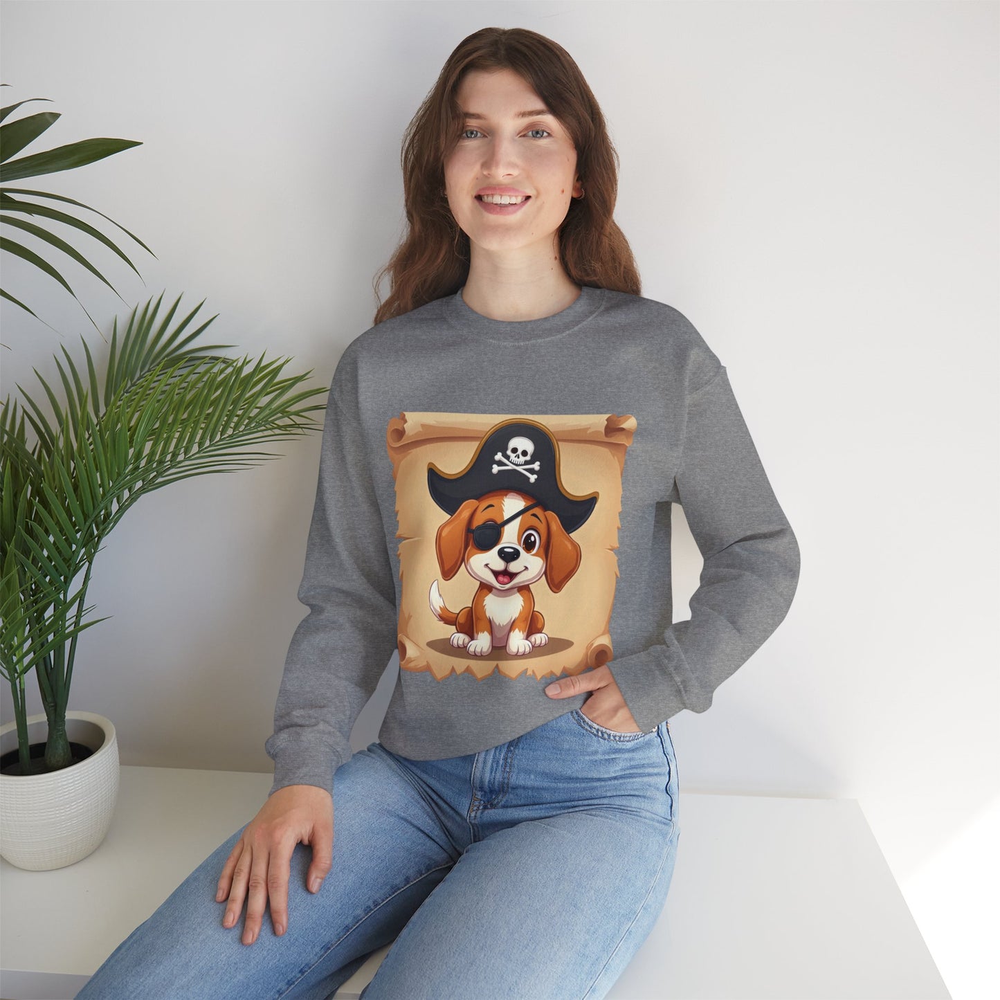 Pirate Dog Crewneck Sweatshirt - Buccaneer Beagle Design with Patch and Hat