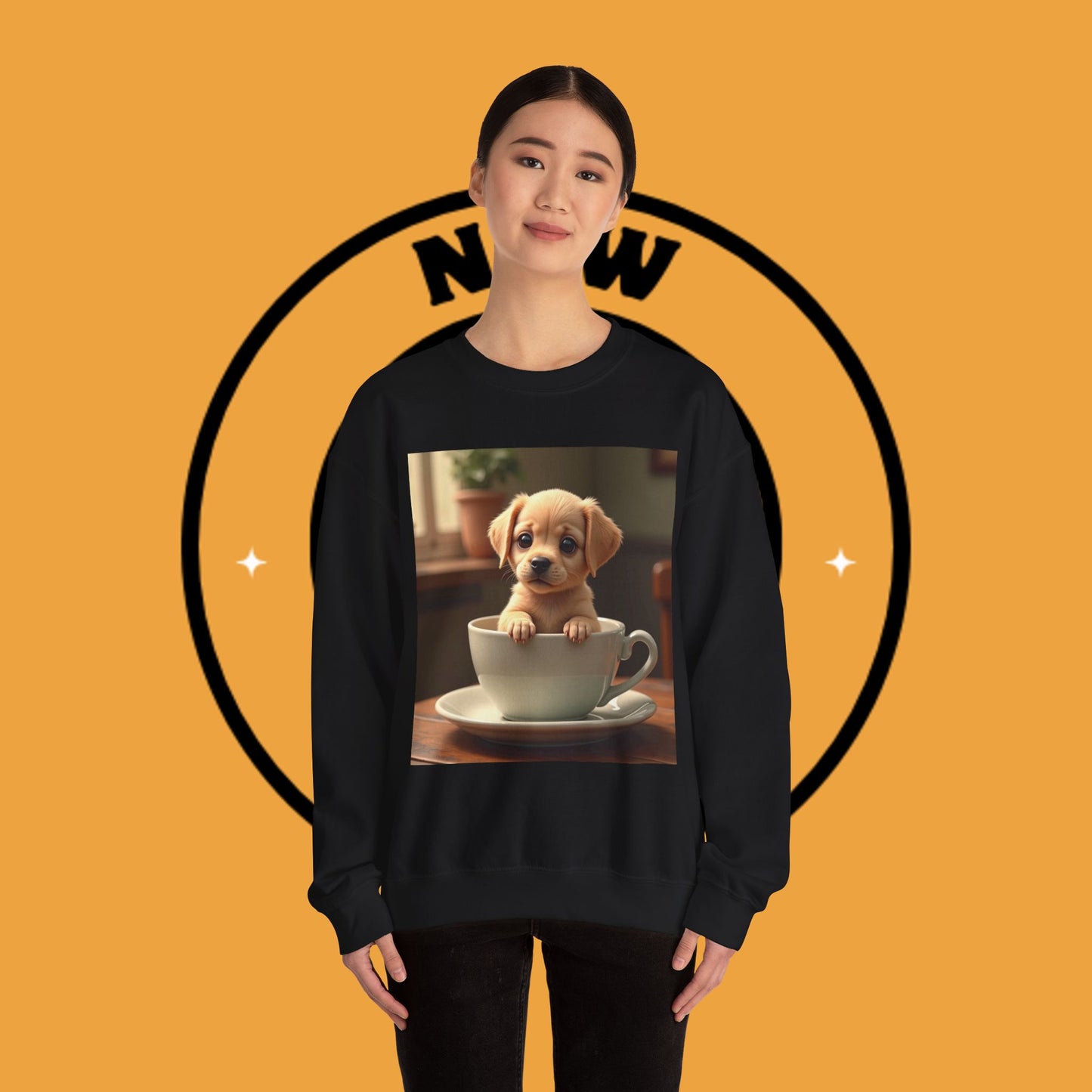 Unisex Dog Lover Crewneck Sweatshirt - Teacup Puppy: Adorable Yellow Lab in Coffee Cup