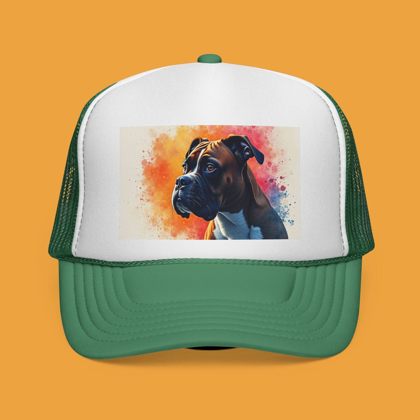 "Watercolor Sunset Boxer Dog Trucker Cap - Artistic Profile Design | Premium Snapback Hat | Fine Art Streetwear for Dog Lovers"