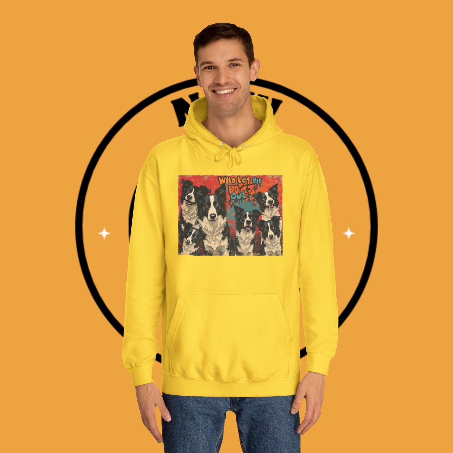 "Who Let the Dogs Out Border Collie Hoodie - Funny 90s Nostalgia Dog Pack Sweatshirt | Retro Music Design"