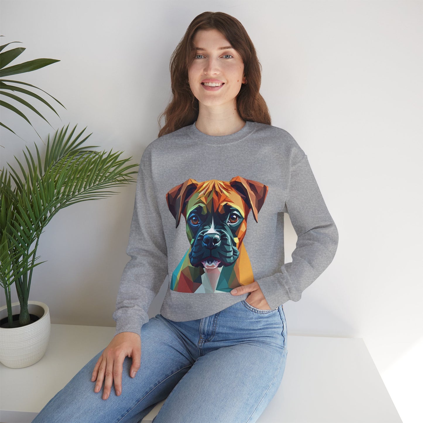 Geometric Boxer Dog Crewneck Sweatshirt - Polygon Art Pet Portrait - Modern Design Lover Gift