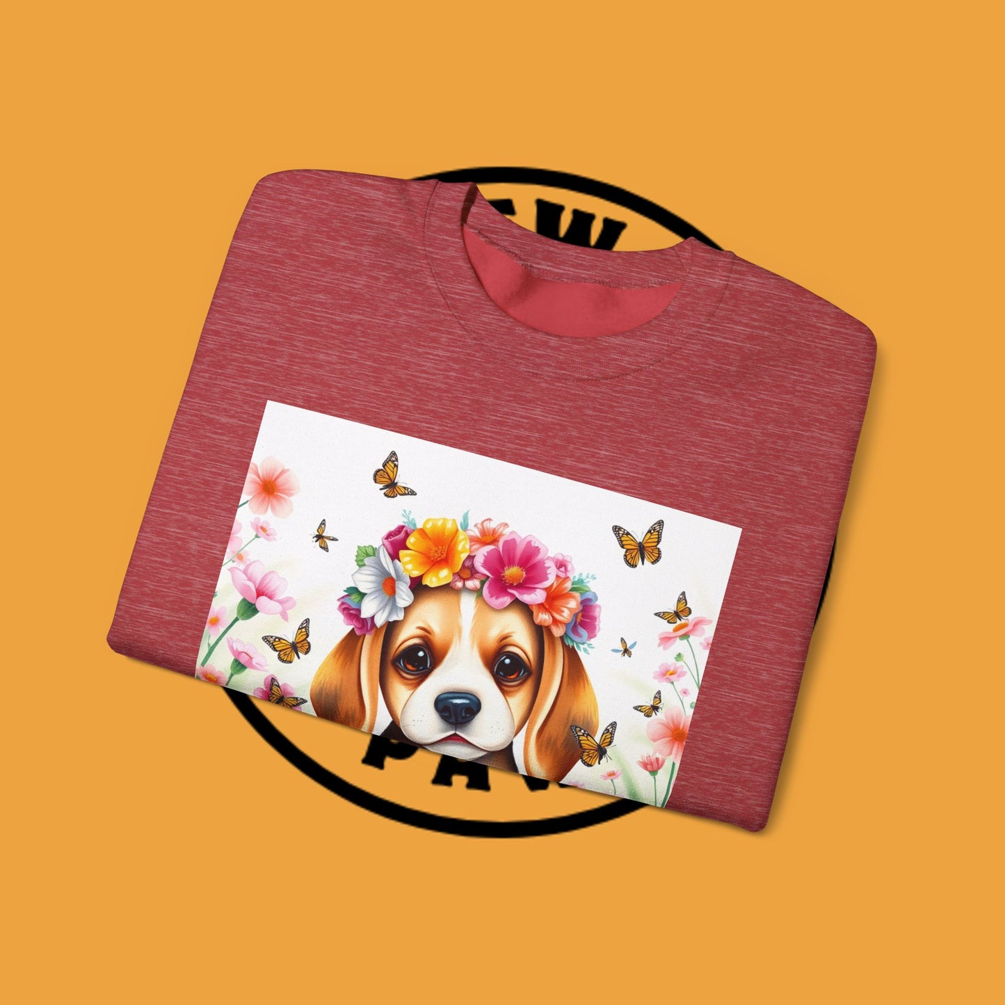 Flower Wreath Dog Crewneck Sweatshirt - Spring Beagle Design with Butterflies