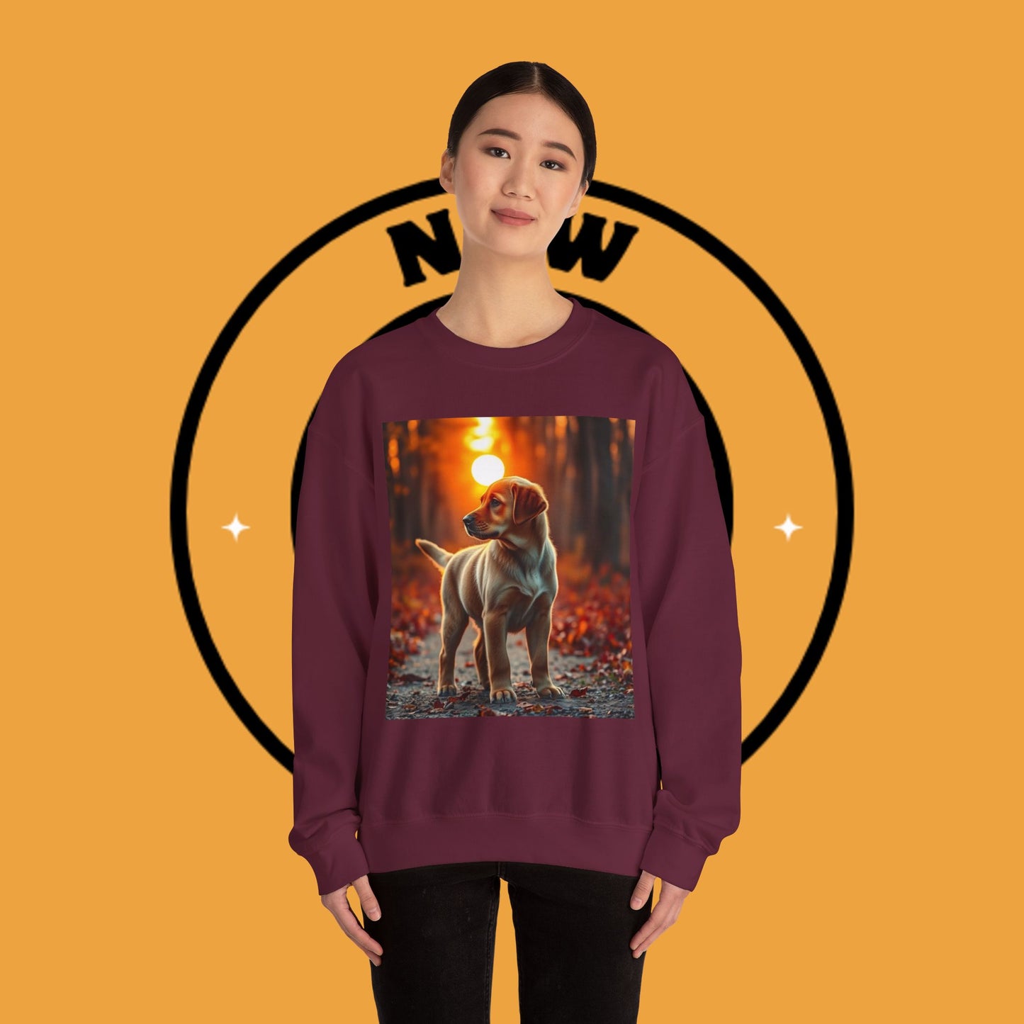 Crewneck Sweatshirt - Labrador Puppy in Autumn Forest with Golden Sunset Light Design
