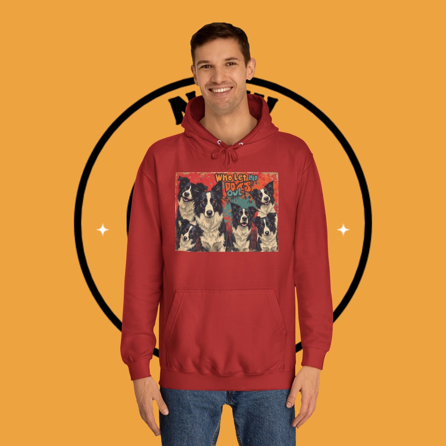"Who Let the Dogs Out Border Collie Hoodie - Funny 90s Nostalgia Dog Pack Sweatshirt | Retro Music Design"