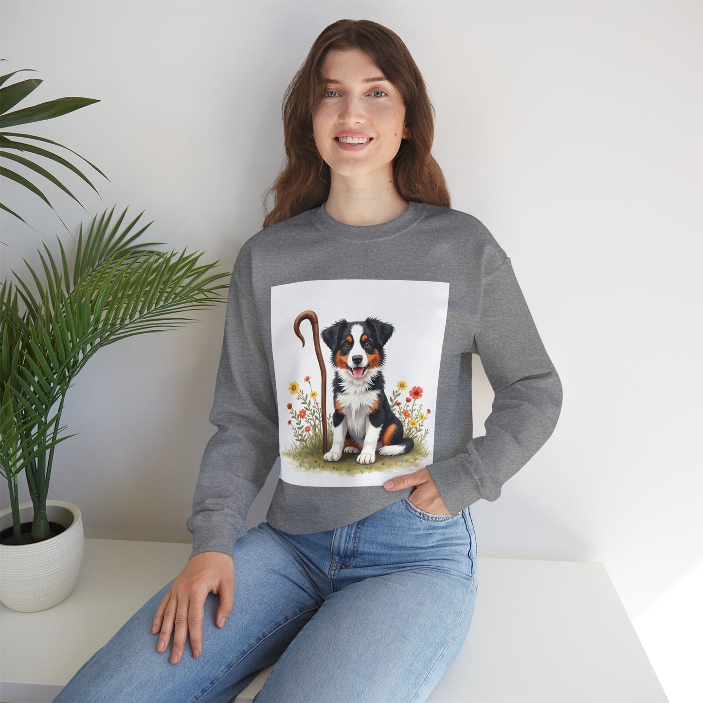 Border Collie Puppy Shepherd's Crook Crewneck Sweatshirt - Pastoral Dog Art | Farm Life Gift