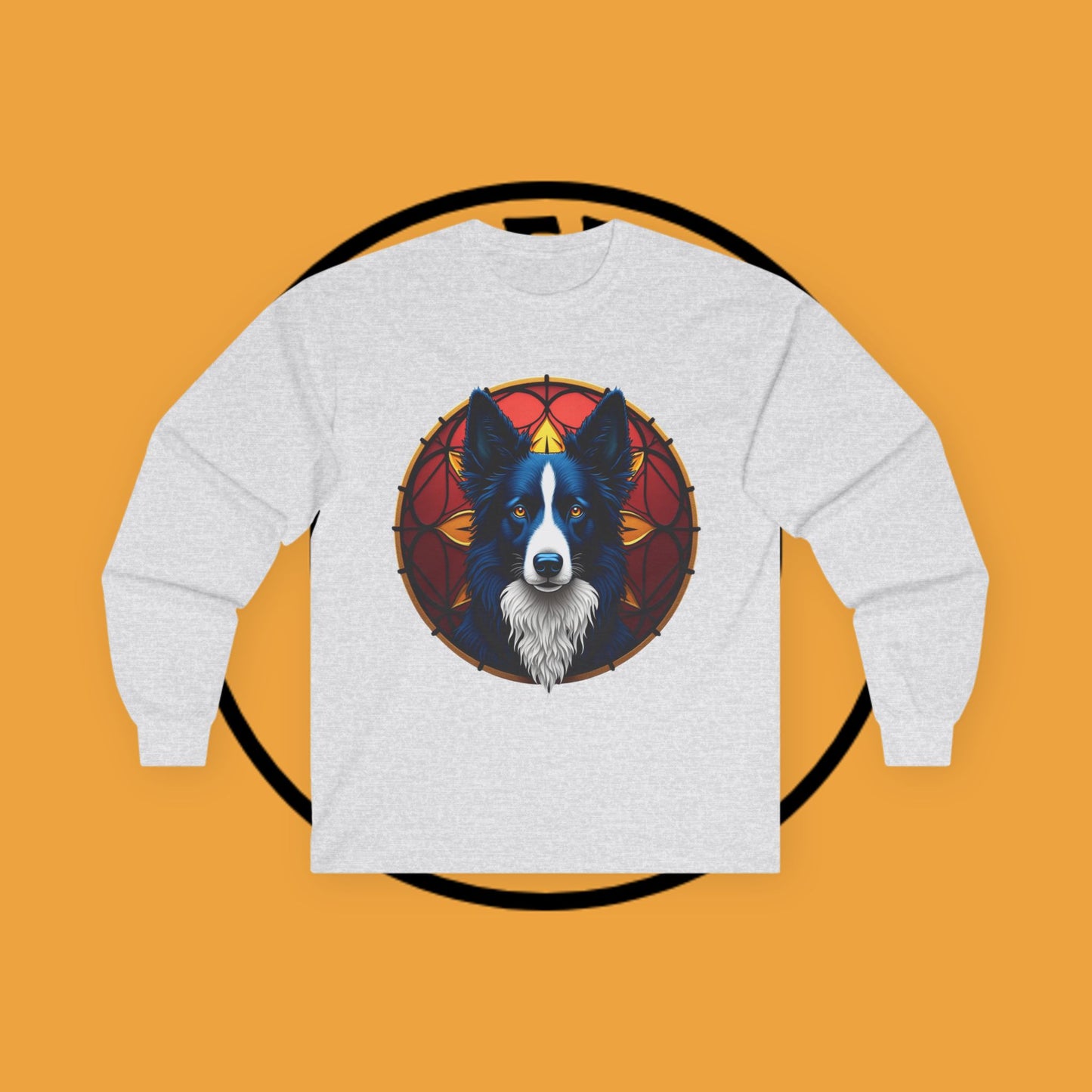 "Mystical Border Collie Stained Glass Long Sleeve Tee - Sacred Geometry Spirit Animal Shirt - Gothic Fantasy Apparel"