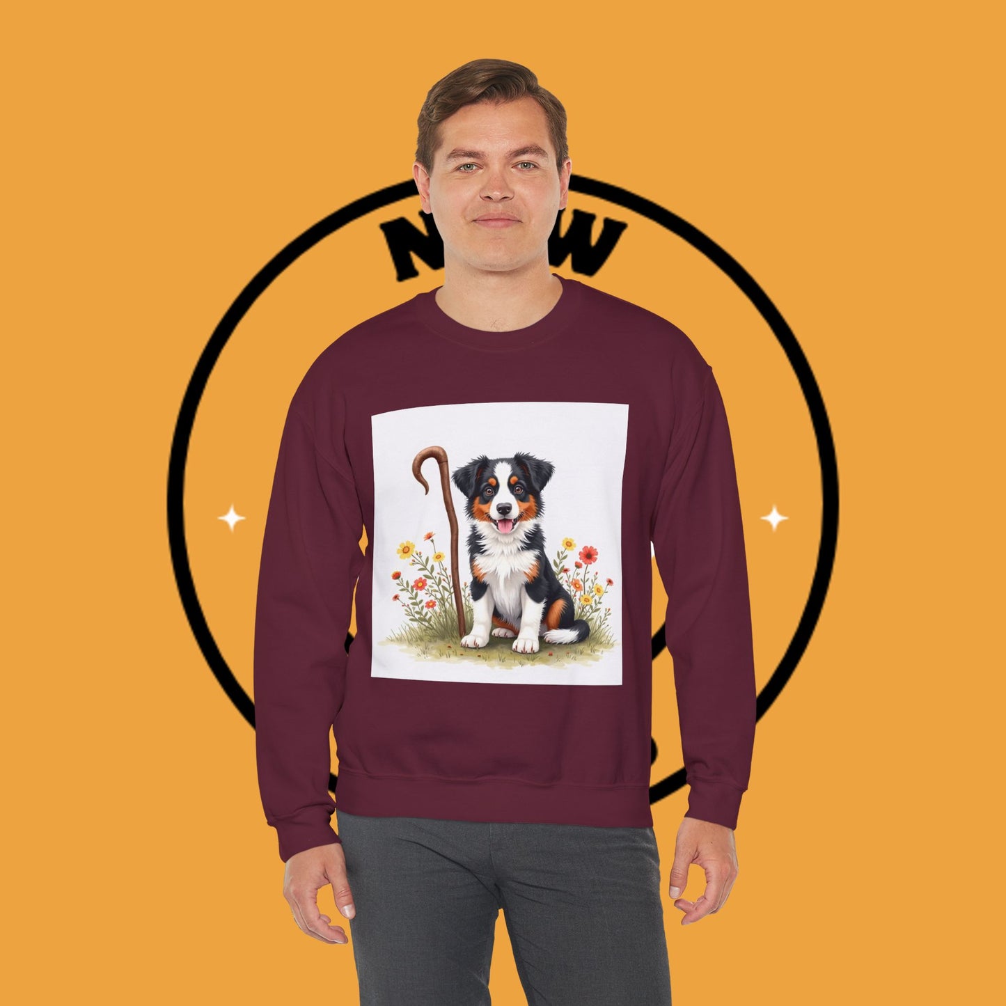 Border Collie Puppy Shepherd's Crook Crewneck Sweatshirt - Pastoral Dog Art | Farm Life Gift
