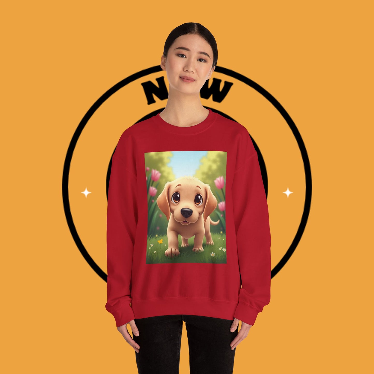 Adorable Golden Retriever Puppy in a Garden with Flowers - Cute Puppy Photo kawaii style