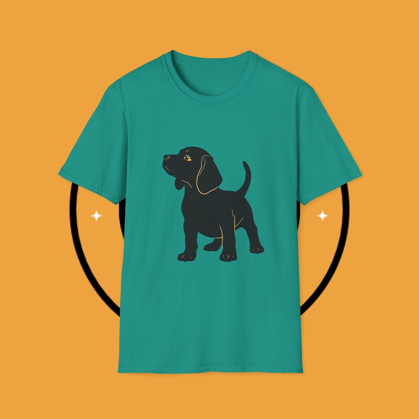 Minimalist Black Beagle Puppy T-Shirt - Simple Dog Silhouette Design | Modern Pet Lover Tee with Gold Accents