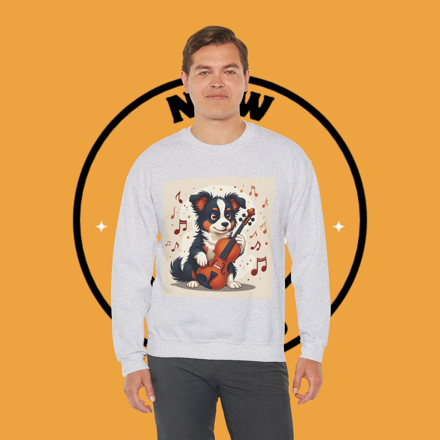 Music Dog Crewneck Sweatshirt - Cute Puppy Violinist with Musical Notes Design | Musician Gift