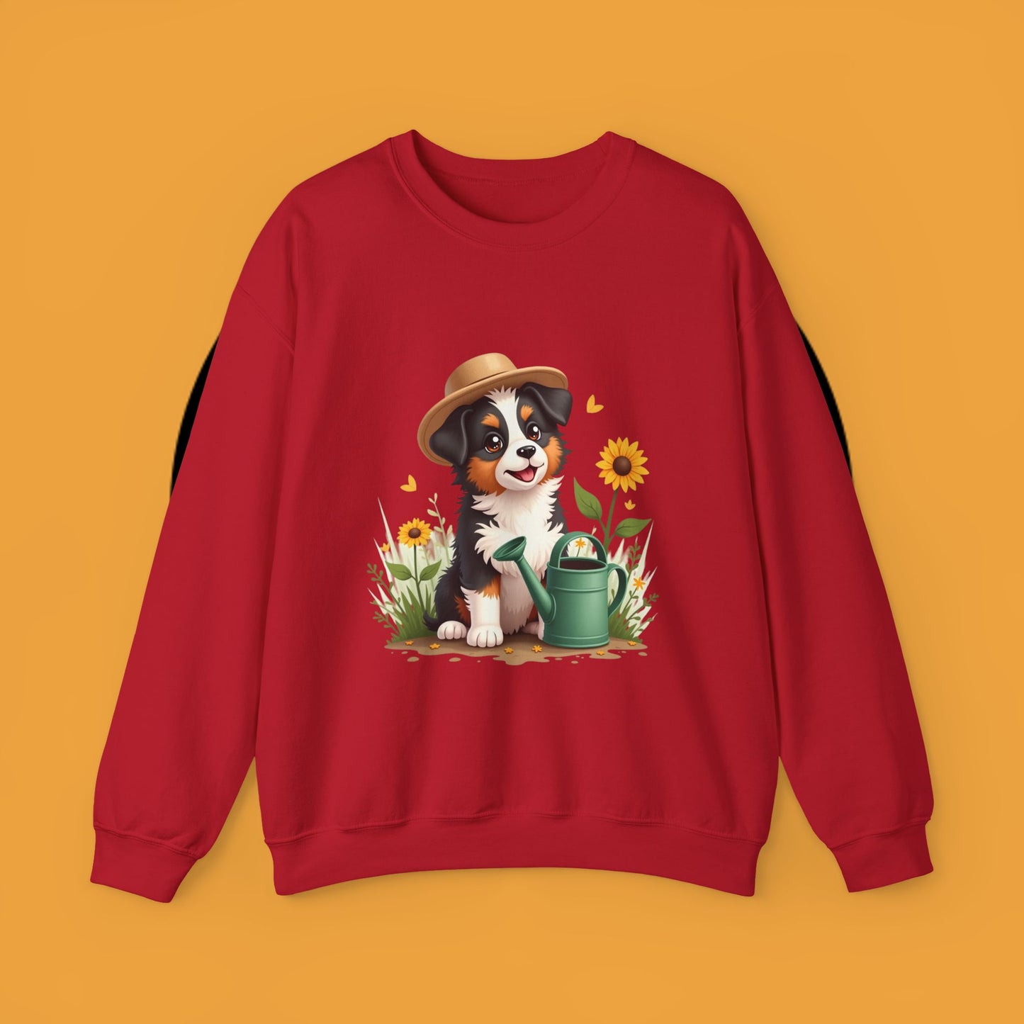 Garden Dog Crewneck Sweatshirt - Cute Puppy Gardener with Sunflowers Design | Green Thumb Gift