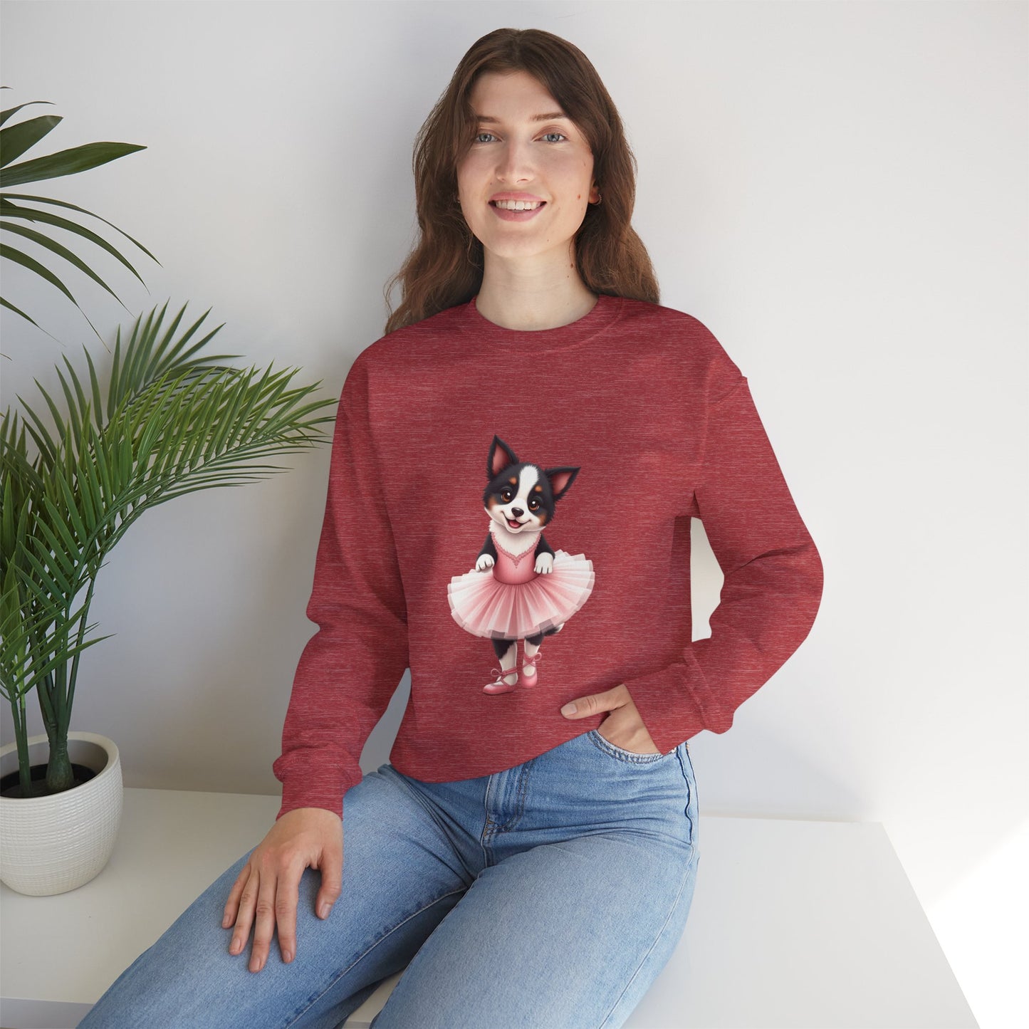 Cute Ballet Dog Crewneck Sweatshirt - Dancing Puppy in Pink Tutu Design | Kawaii Animal Lover Gift