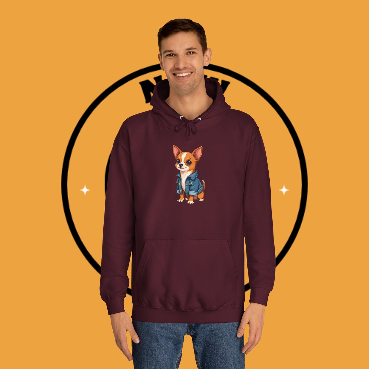 "Adorable Chihuahua in Denim Jacket Hoodie | Cute Dog Lover Gift | Premium Pet Fashion Streetwear"
