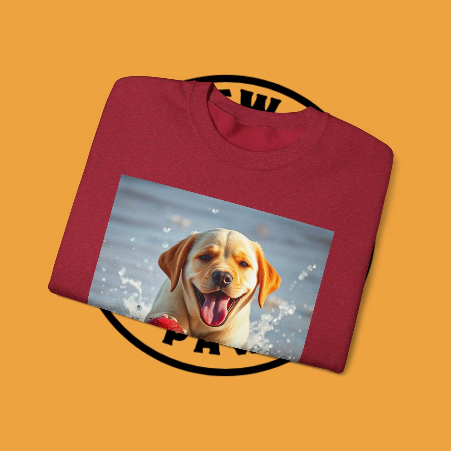Unisex Dog Lover Crewneck Sweatshirt Labrador Puppy Playing with a Ball on the Beach - Photo of a Happy Dog Running in the Water