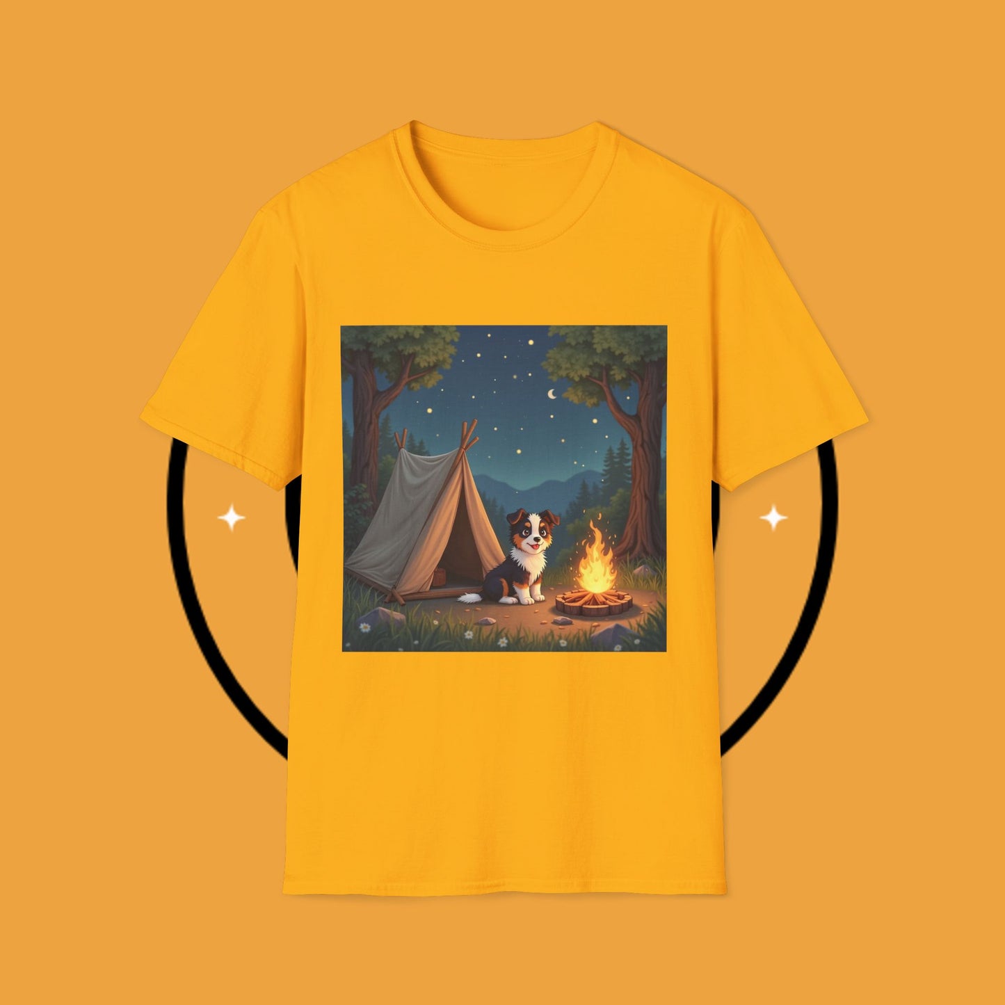 "Camping Adventure Border Collie" - Outdoor Adventure Dog T-Shirt - Border Collie Camping T-Shirt - Outdoor Adventure Dog Under Stars Tee | Nature Lover Pet Gift