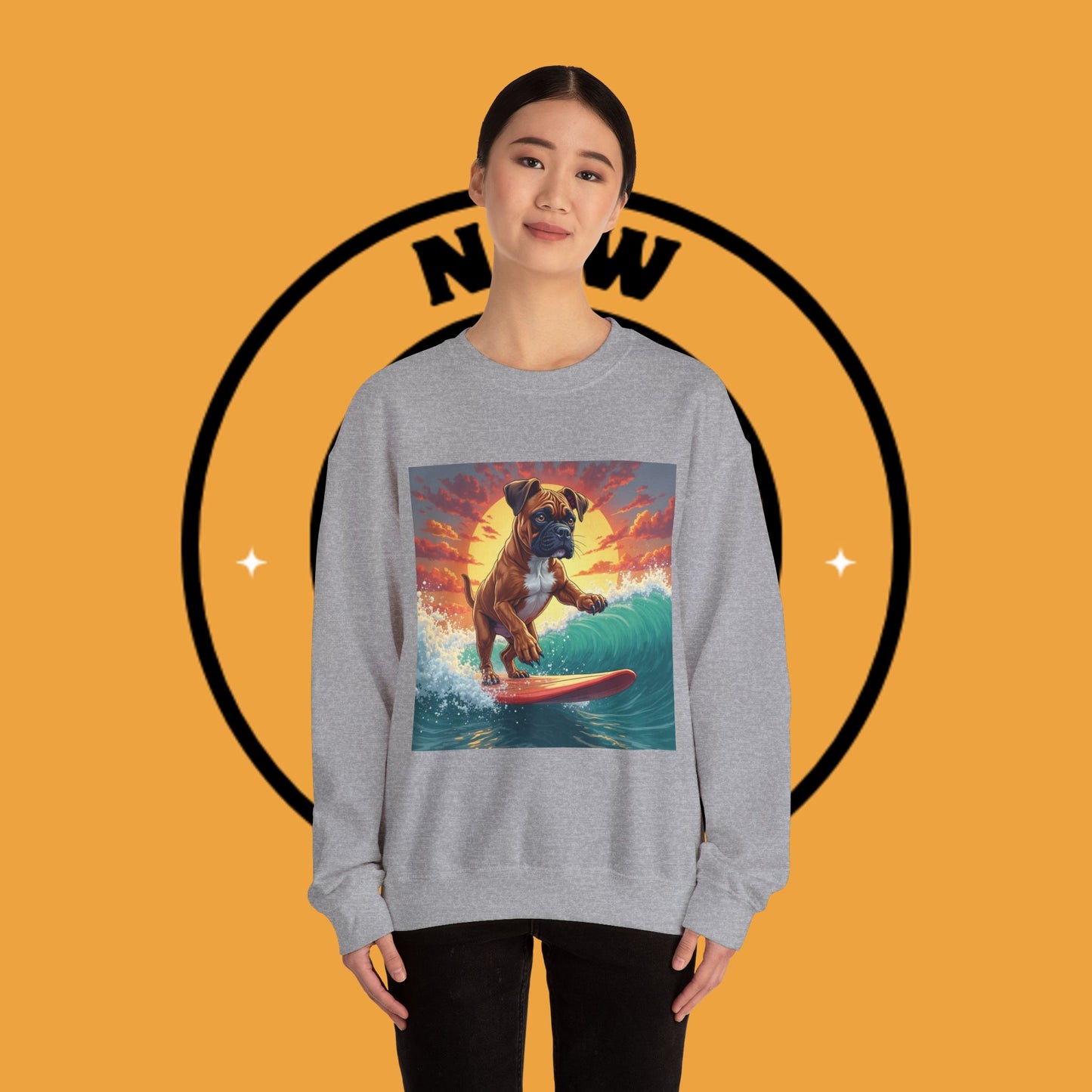 Surfing Boxer Dog Crewneck Sweatshirt | Funny Beach Surfer Gift | Epic Wave Riding Pup Design