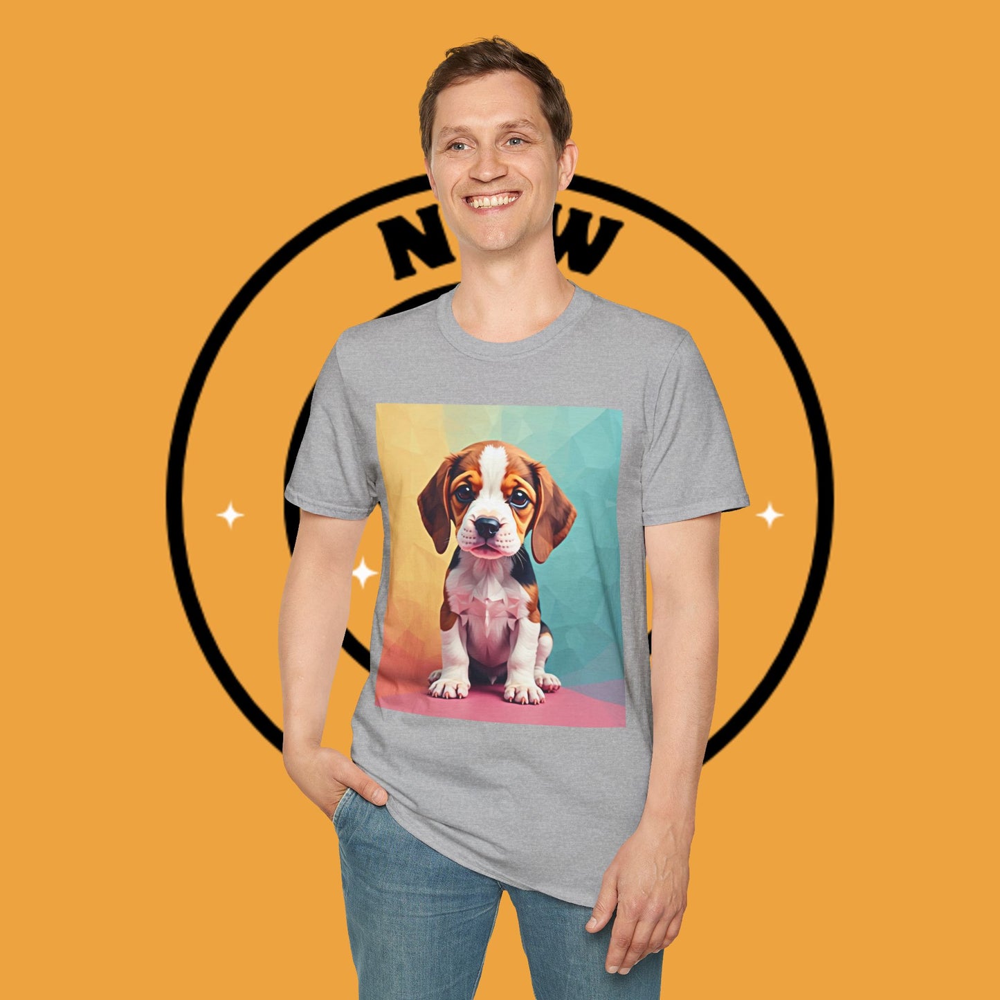 Modern Art Beagle Puppy T-Shirt - Geometric Low Poly Dog Design with Rainbow Background