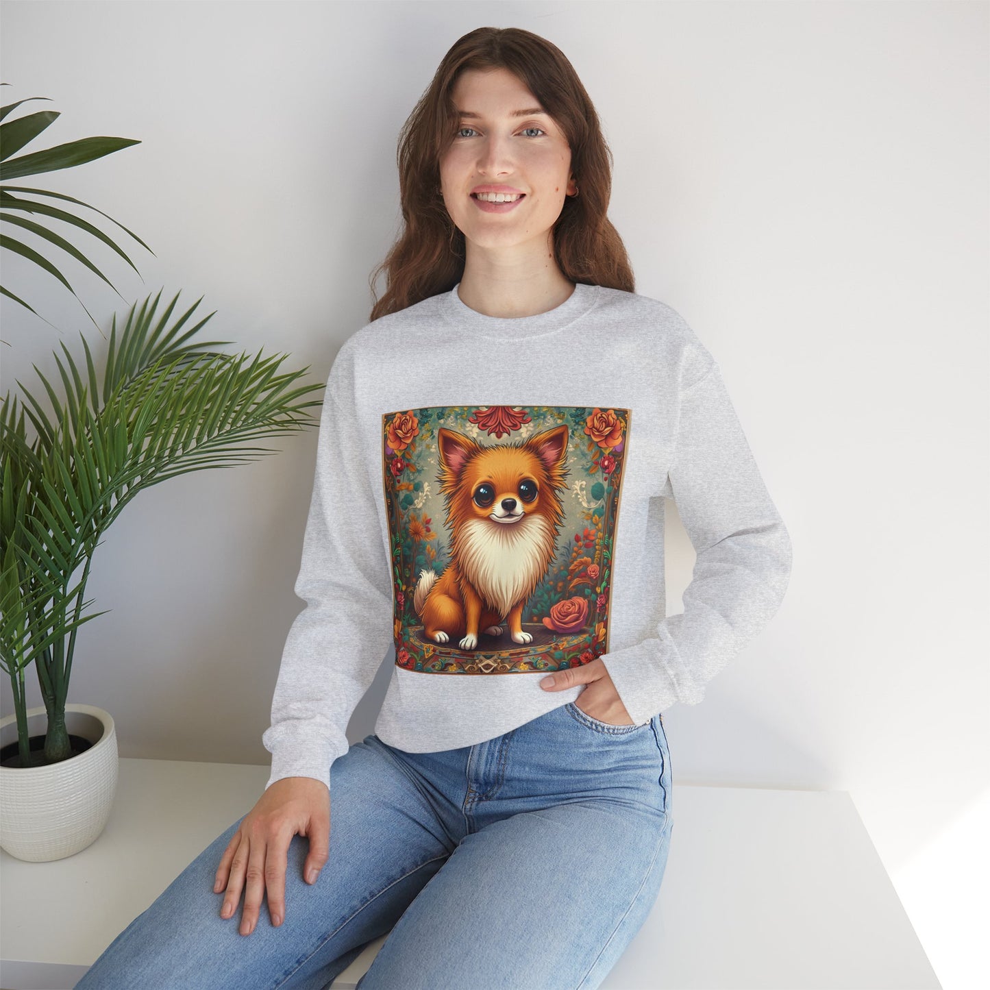 Victorian Chihuahua Garden Sweatshirt | Ornate Floral Dog Portrait | Botanical Pet Art Design