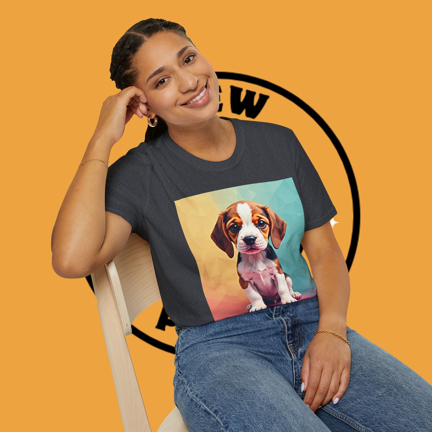 Modern Art Beagle Puppy T-Shirt - Geometric Low Poly Dog Design with Rainbow Background