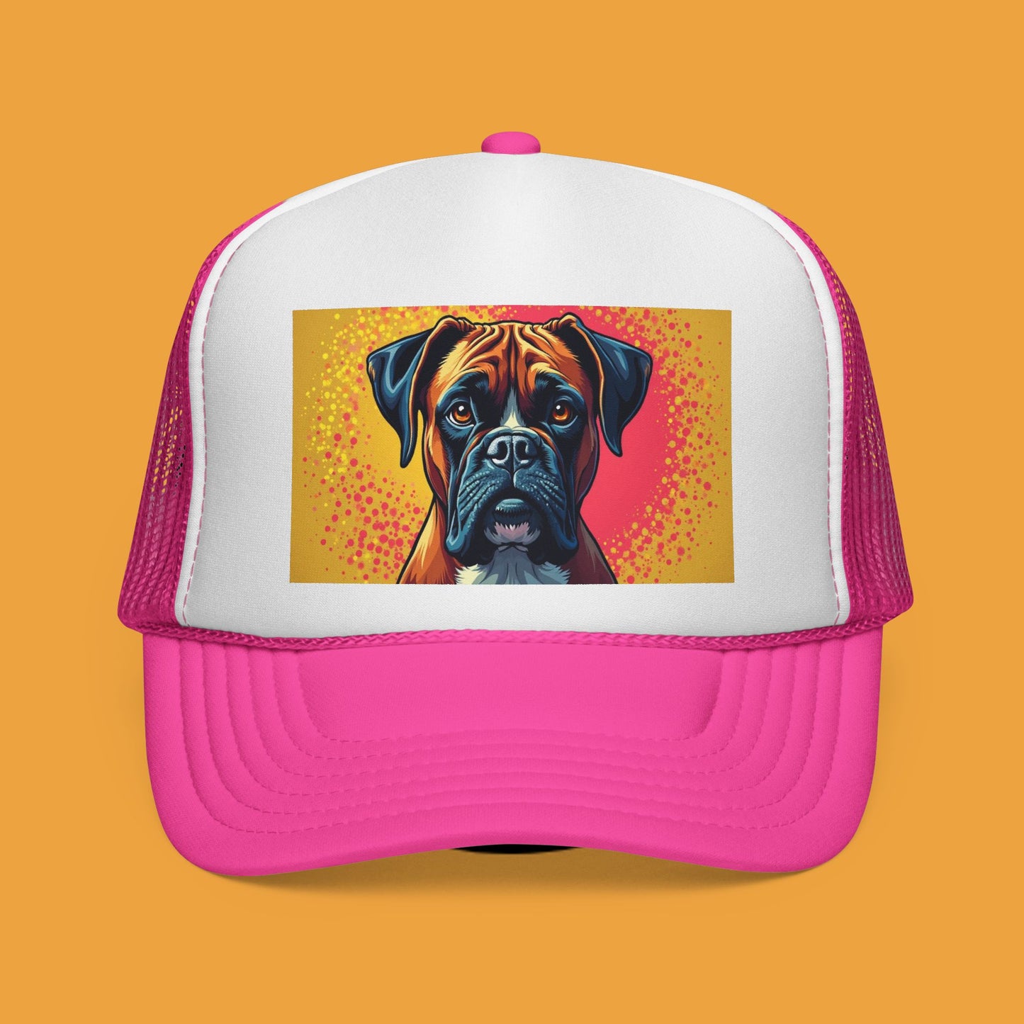 "Pop Art Boxer Dog Trucker Cap - Vibrant Colorful Design | Artistic Snapback Hat | Retro Street Style Baseball Cap for Dog Lovers"