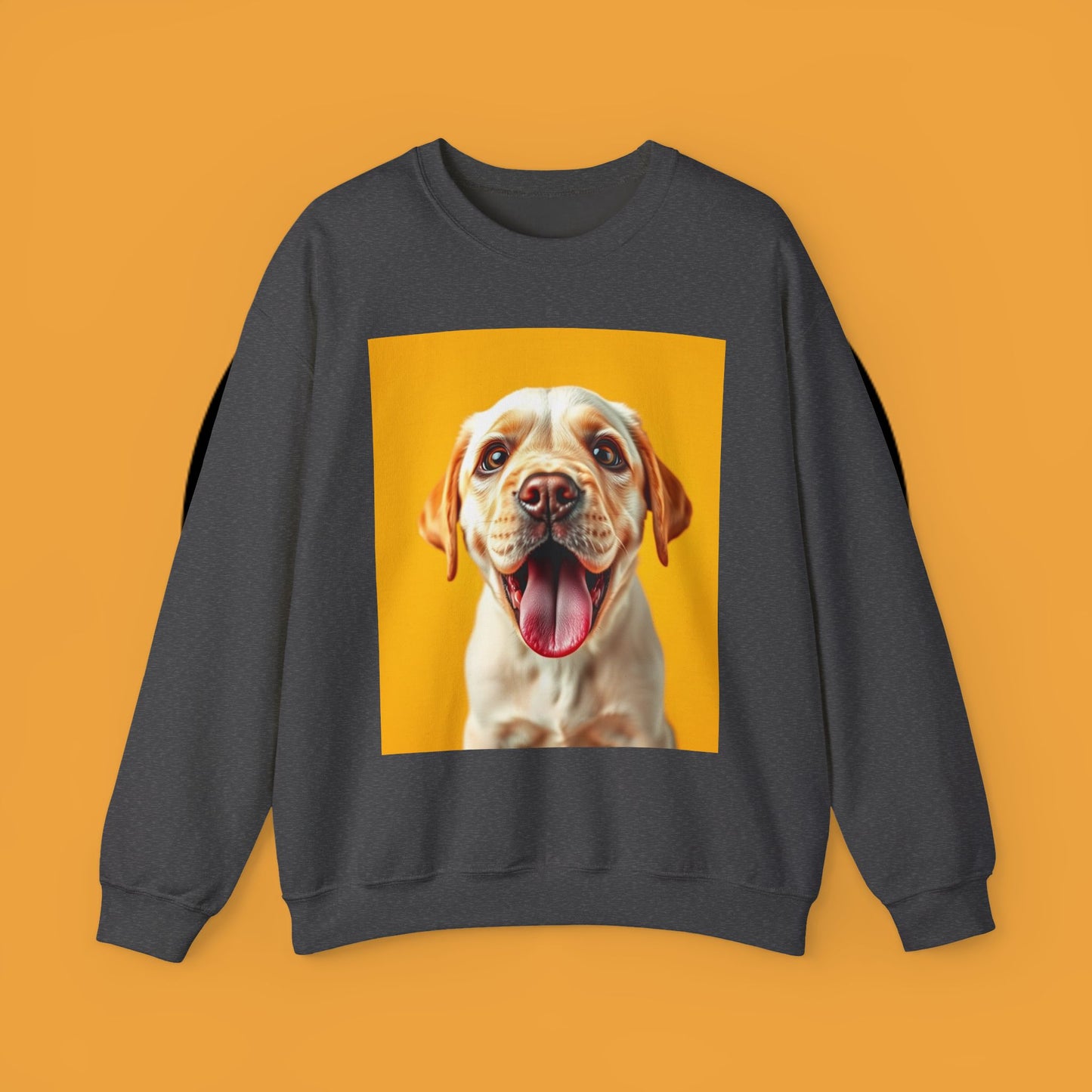 Unisex Dog Lover Crewneck Sweatshirt - Smiling Yellow Lab on vibrant yellow background