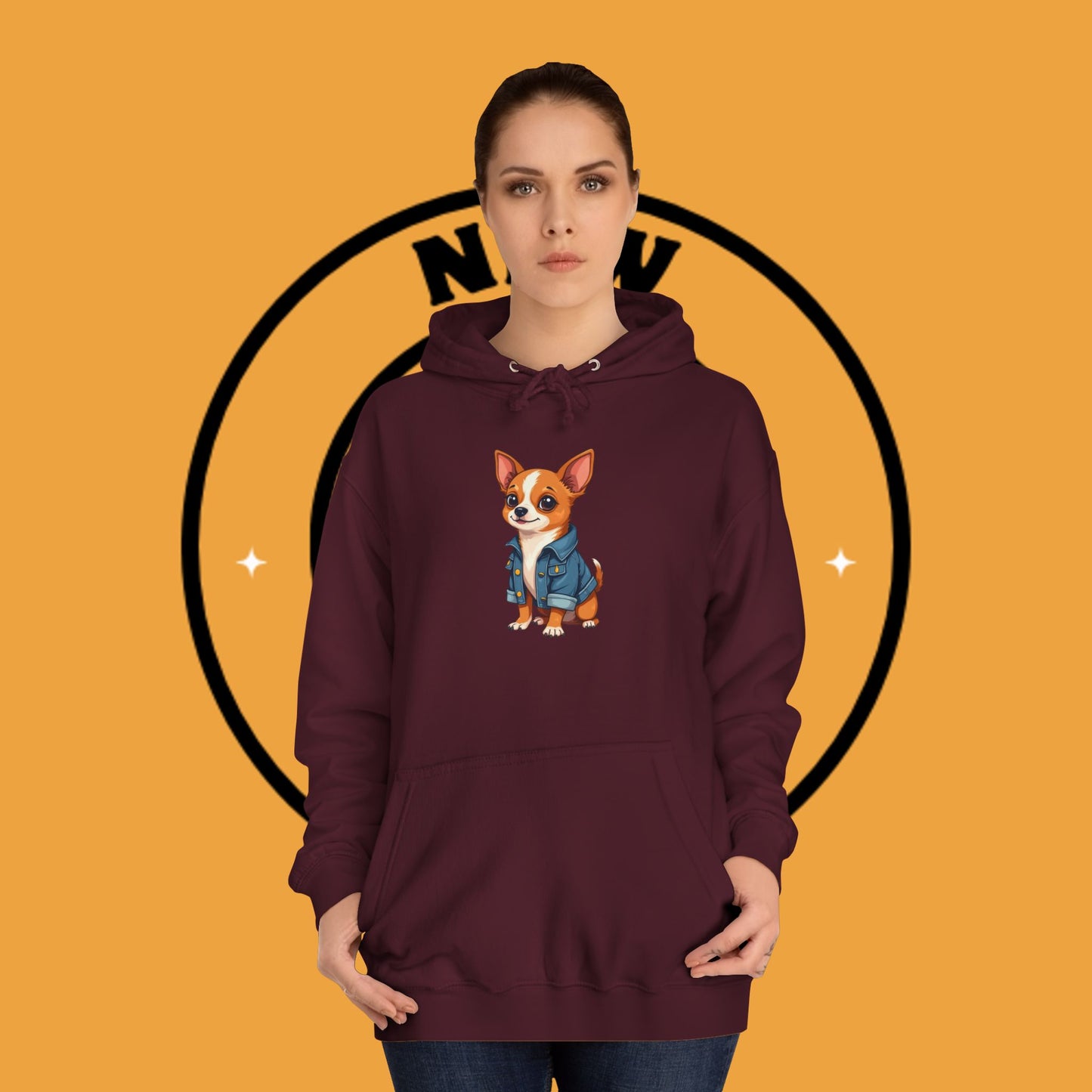 "Adorable Chihuahua in Denim Jacket Hoodie | Cute Dog Lover Gift | Premium Pet Fashion Streetwear"