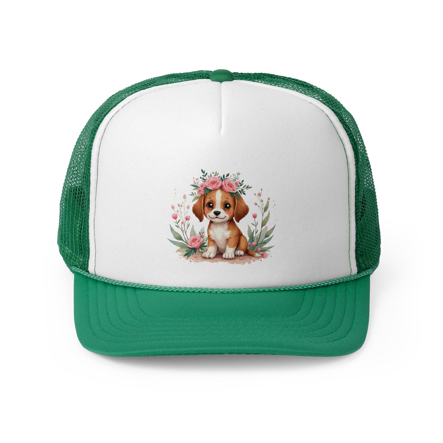 Cute Beagle Puppy with Pink Roses Floral Crown Trucker Hat - Adorable Dog Flower Crown Cap | Sweet Pet Lover Gift | Feminine Snapback