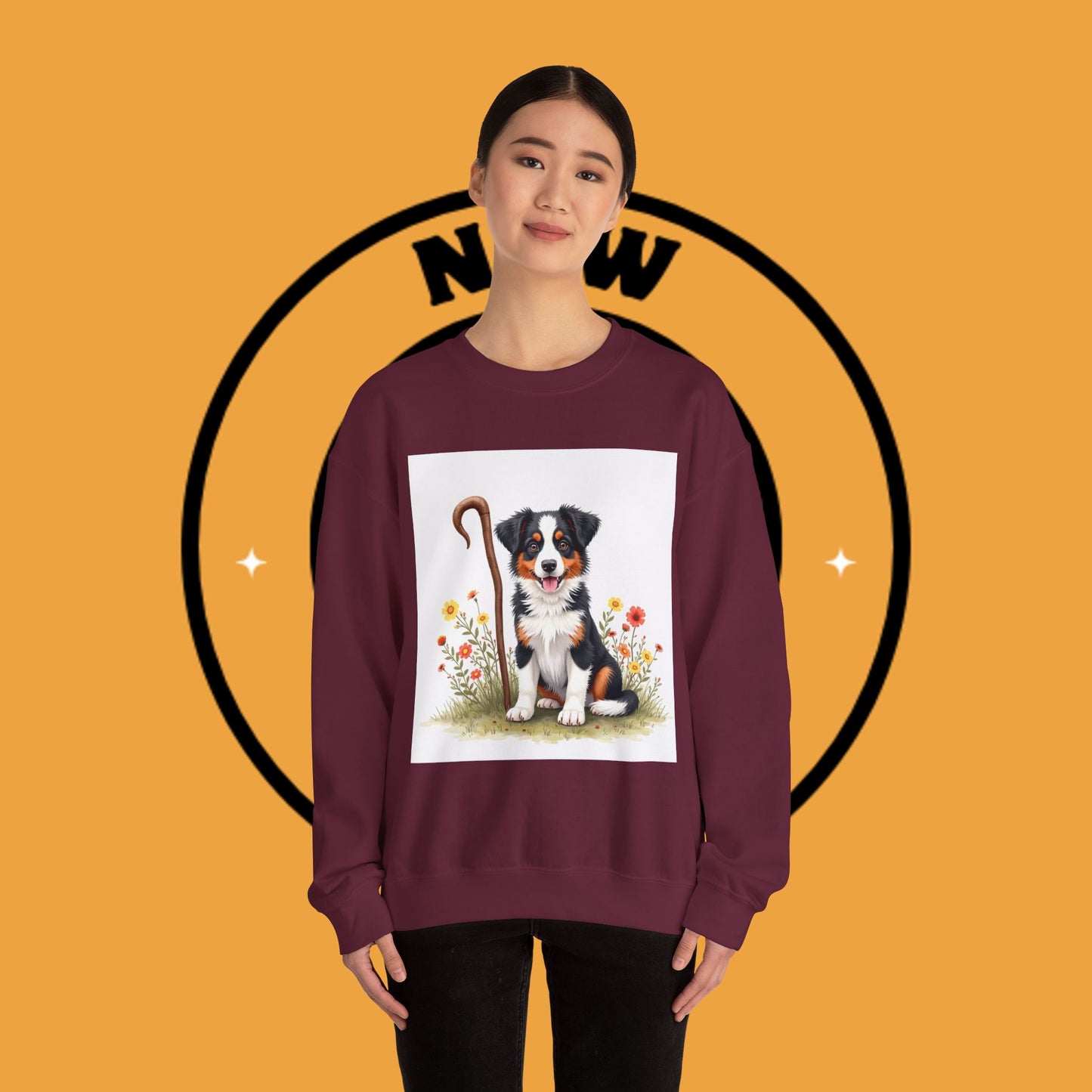 Border Collie Puppy Shepherd's Crook Crewneck Sweatshirt - Pastoral Dog Art | Farm Life Gift