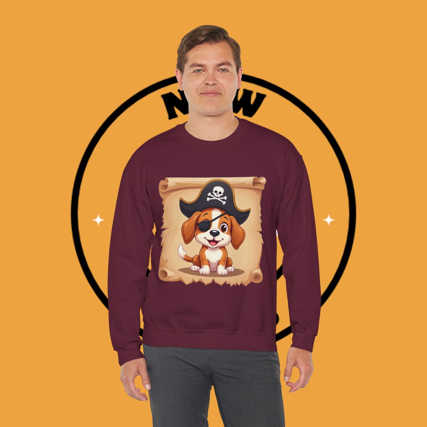 Pirate Dog Crewneck Sweatshirt - Buccaneer Beagle Design with Patch and Hat
