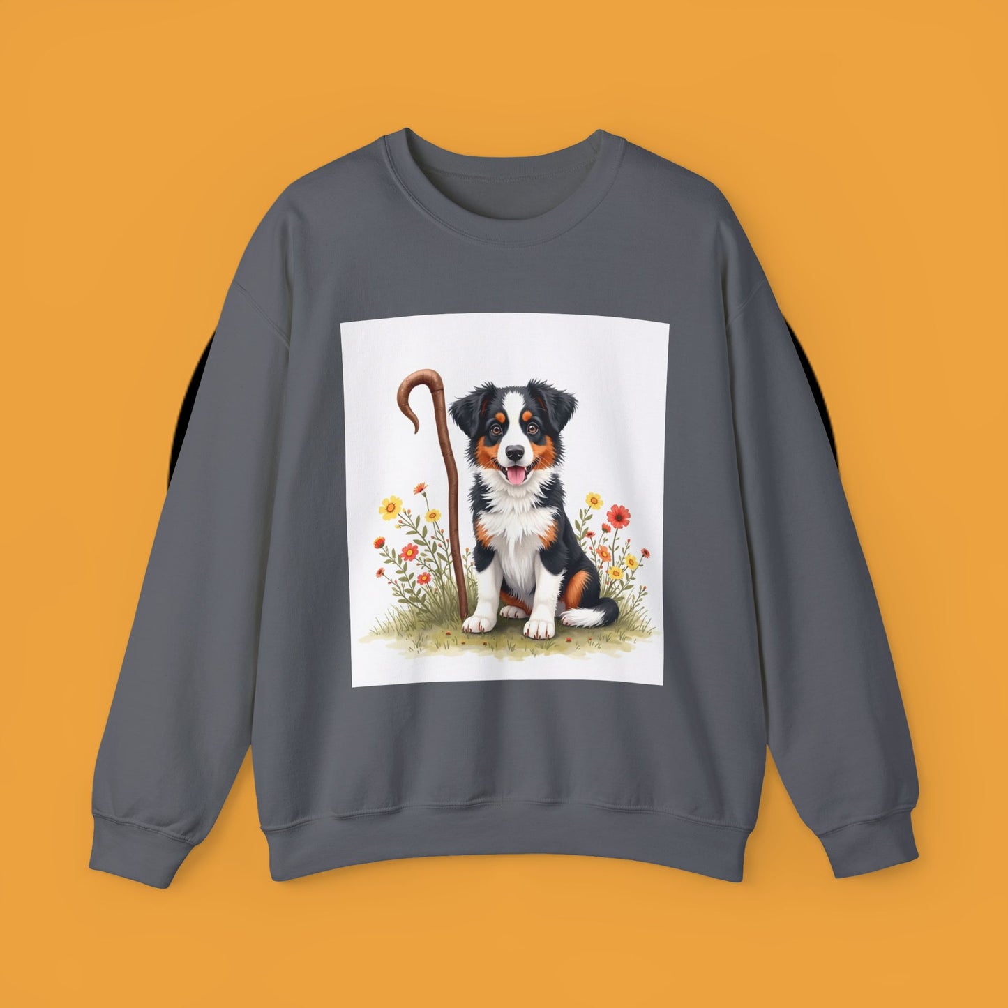 Border Collie Puppy Shepherd's Crook Crewneck Sweatshirt - Pastoral Dog Art | Farm Life Gift