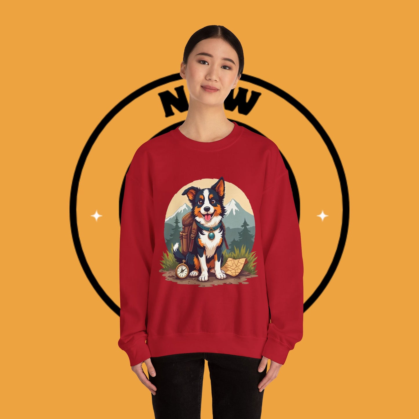 Adventure Dog Hiking Crewneck Sweatshirt - Mountain Explorer Border Collie Design | Outdoor Lover Gift
