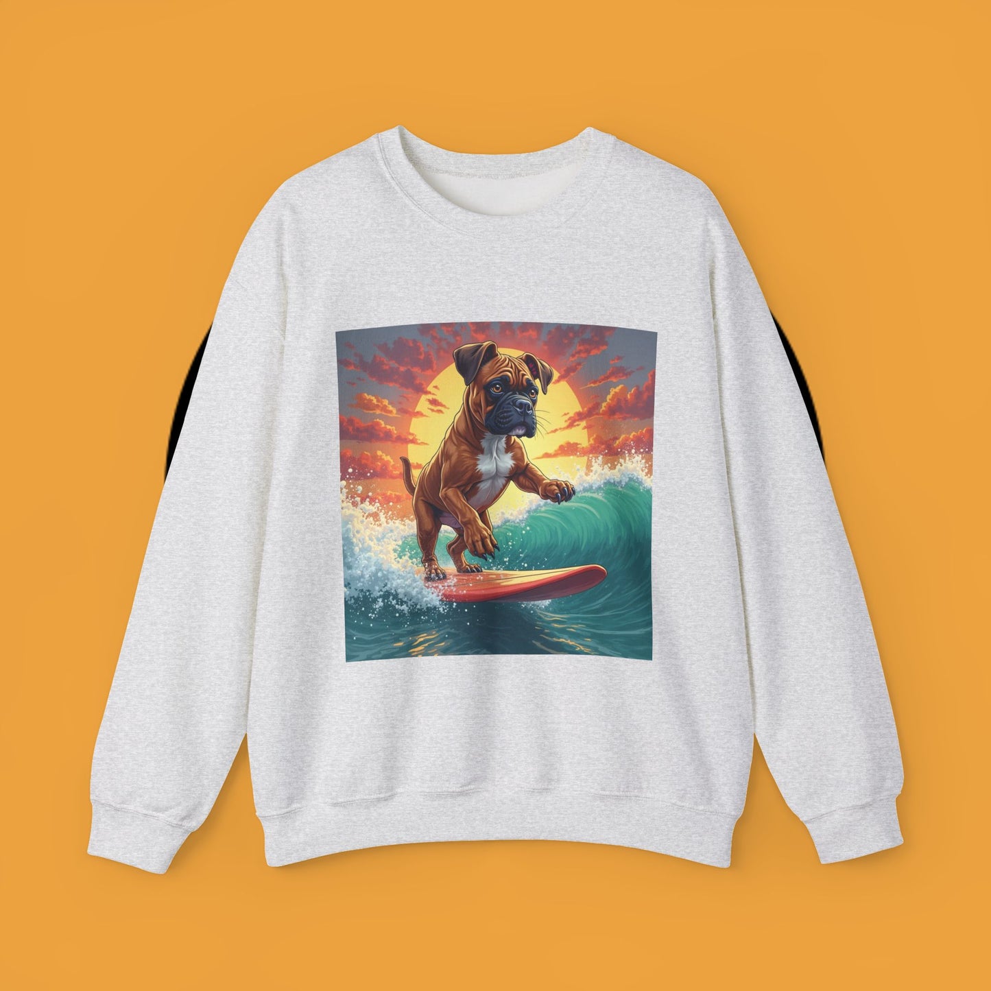 Surfing Boxer Dog Crewneck Sweatshirt | Funny Beach Surfer Gift | Epic Wave Riding Pup Design